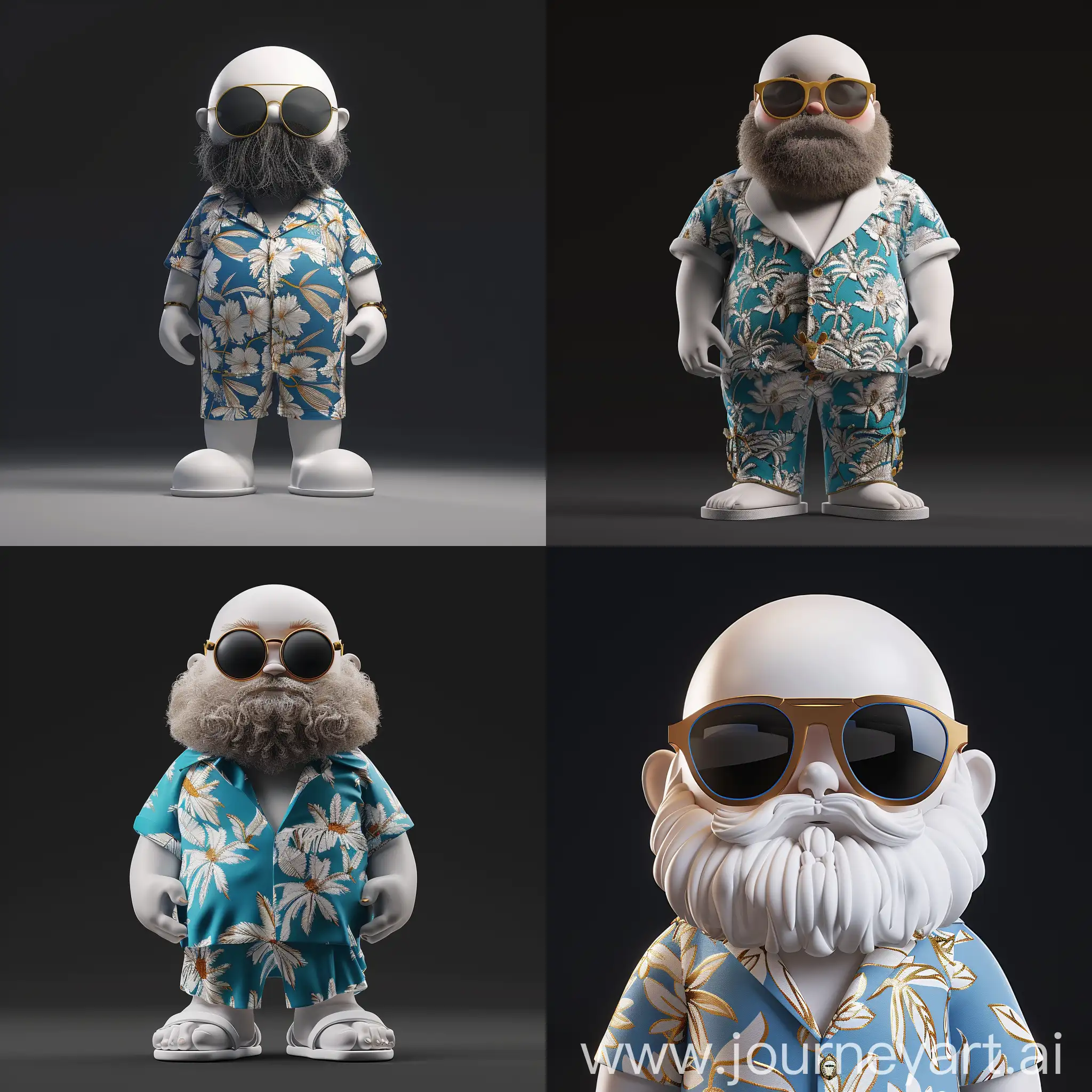 3d rendering full body character in white place, White tone skin baldy Brown beard man wearing hawaii clothes and sunglasses (Blue, white, gold clothes details), Minimalism style, black background --s 200 --v 6.0