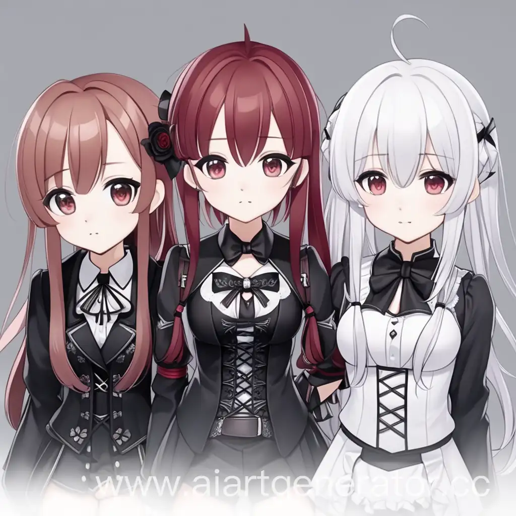 three cute anime girls, one has white hair and Gothic style, the other has red hair and classic style, the third has brown hair and cute style
