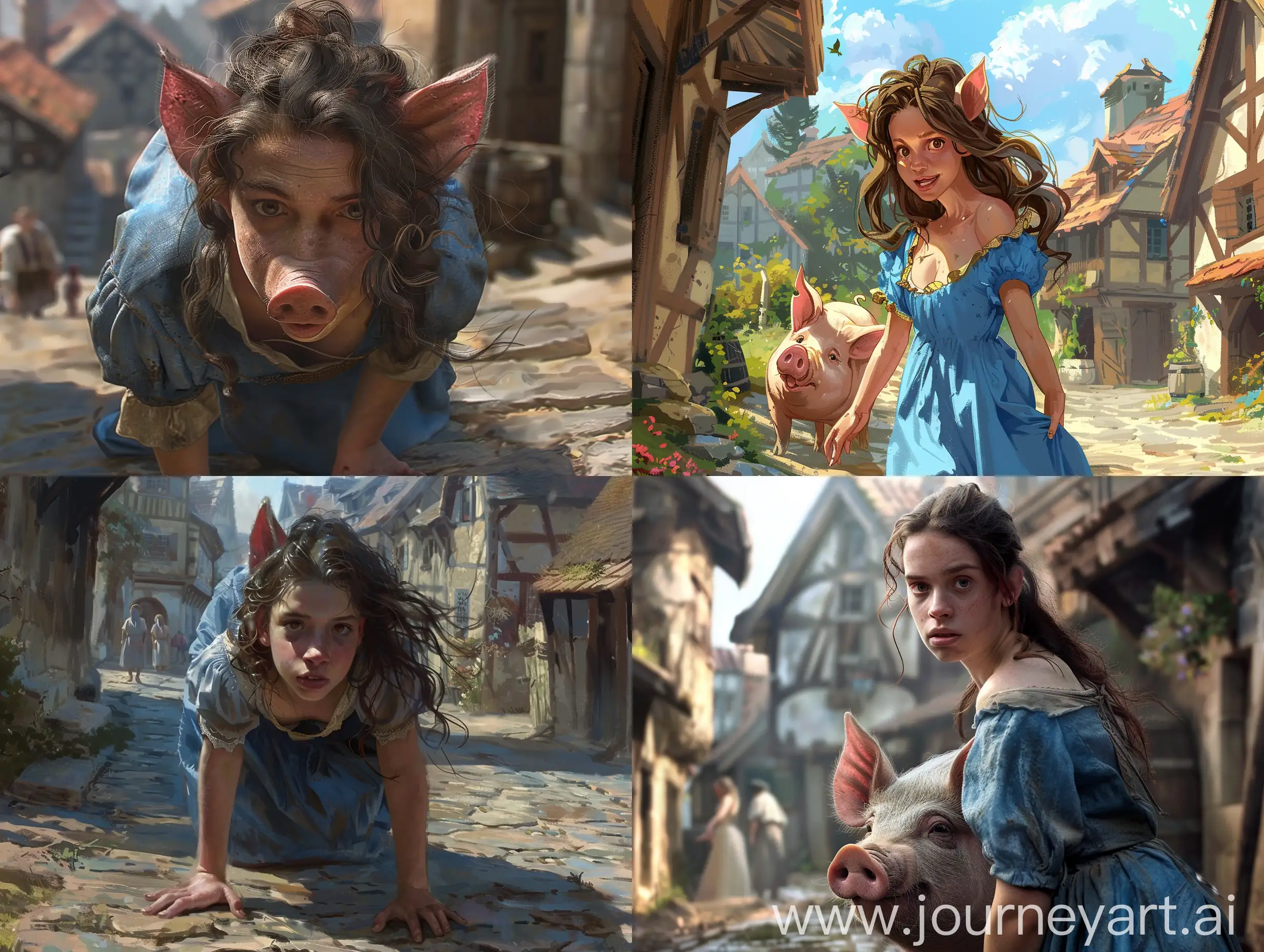 A young woman with loose brown hair who is transforming into a pig due to a magic spell. She has pig's ears, snout and hooves. She is standing on all fours. She is wearing a blue dress. The scene is set in a village at noon.