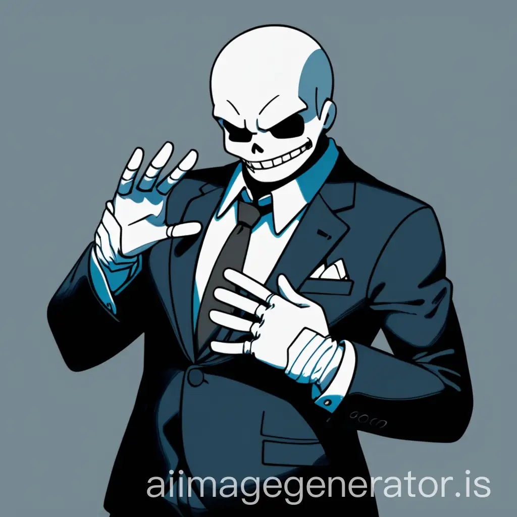 Sans wearing a dark fancy suit and with white gloves saying ah dammit