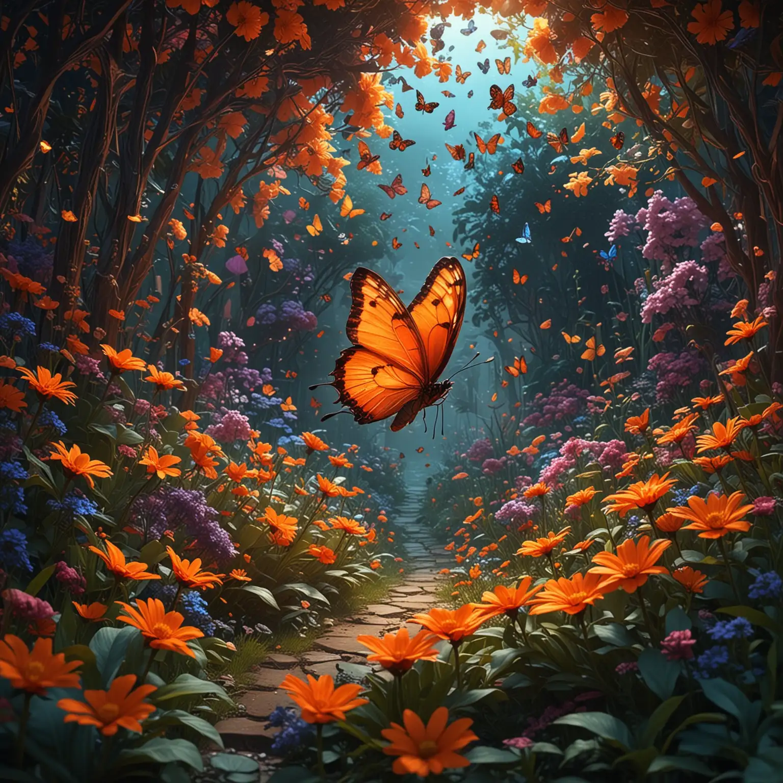 nirvana, there is an orange glowing butterfly, in front of him was a colorful garden full of flowers and butterflies, in the style of contemporary illustration, digital art, sci-fi, detailed and intricate environment, cinematic lighting, trending on artstation, hyper detailed