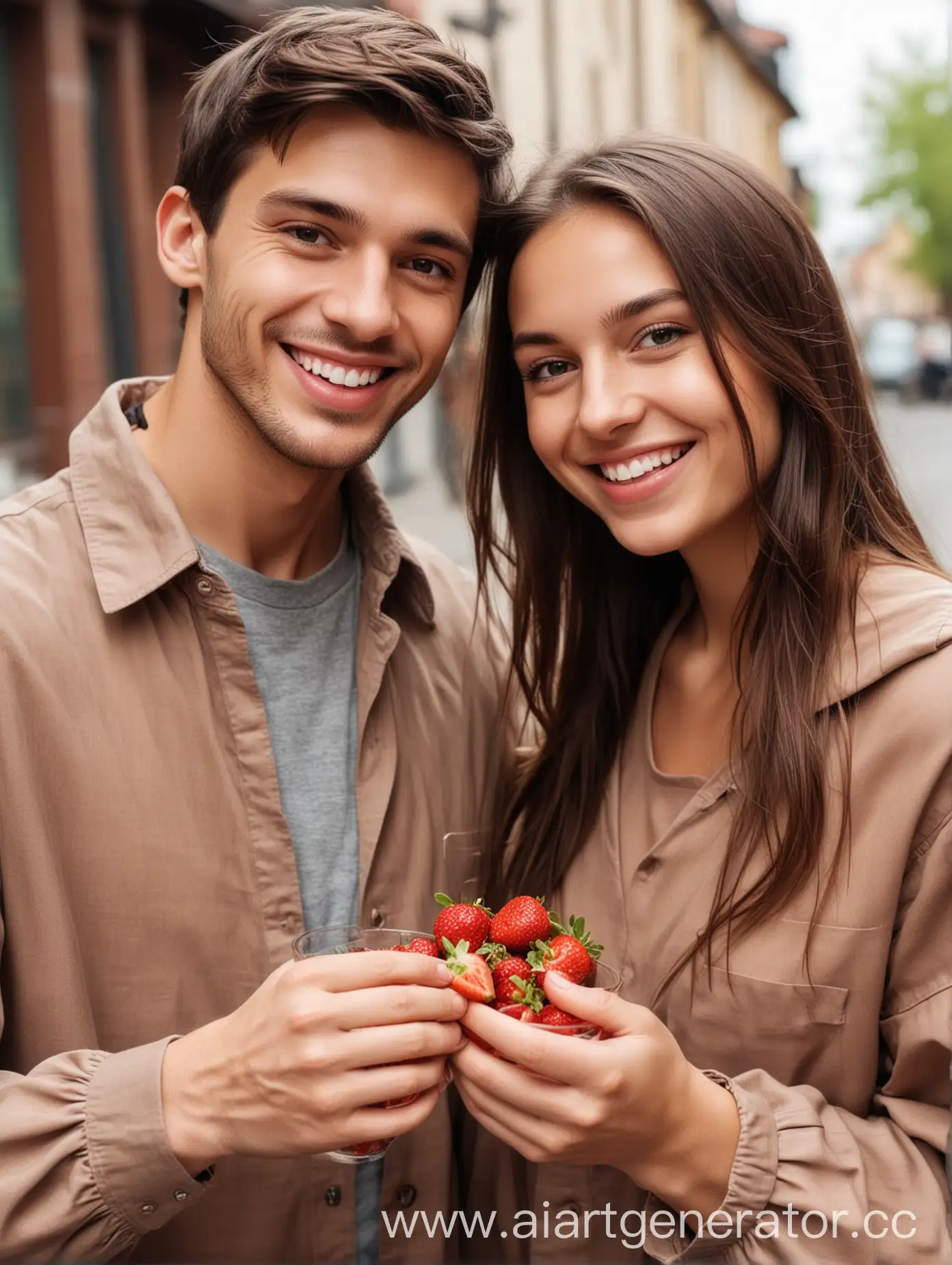 молодая счастливая пара идет по улице, девушка держит в руке стаканчик с клубникой в шоколаде, они улыбаются