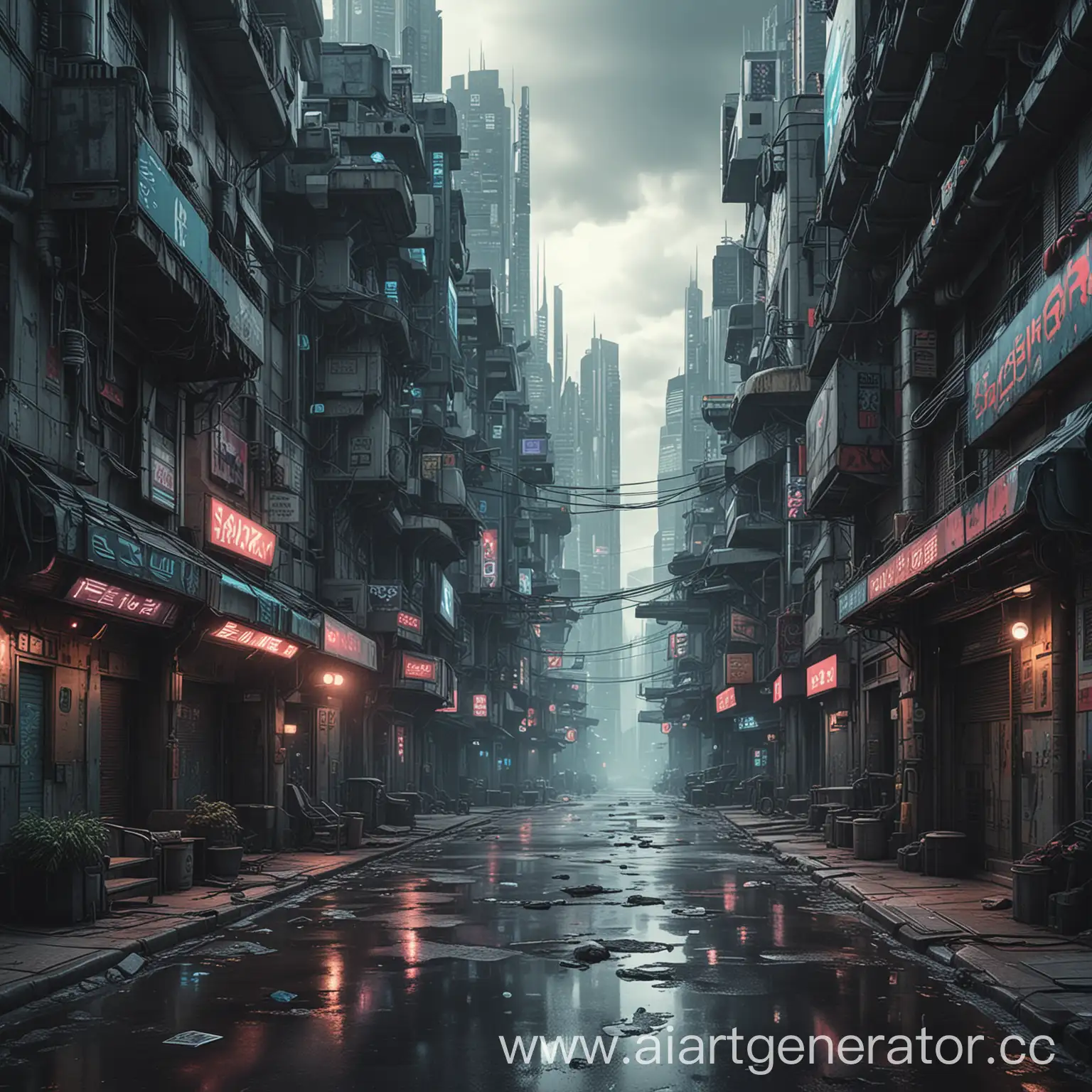 Street of cyberpunk city without peoples