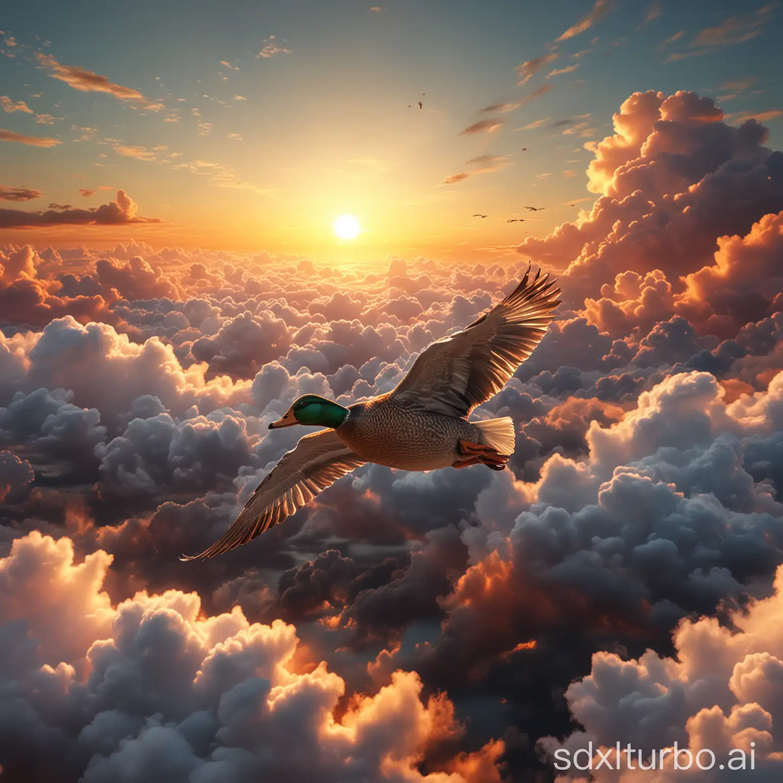 A duck glides on clouds towards sunset in a realistic image