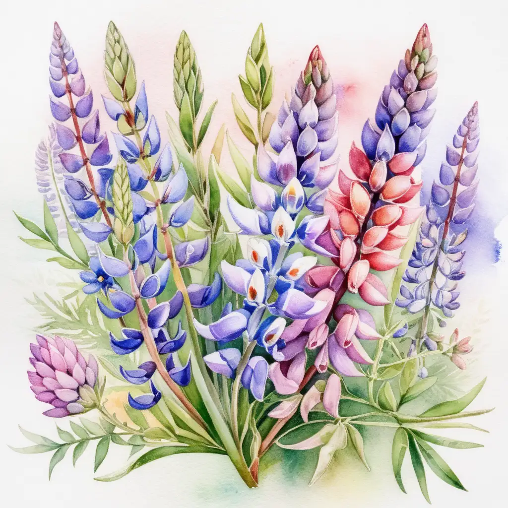 Watercolor Painting of a Beautiful Lupine Flower Bouquet