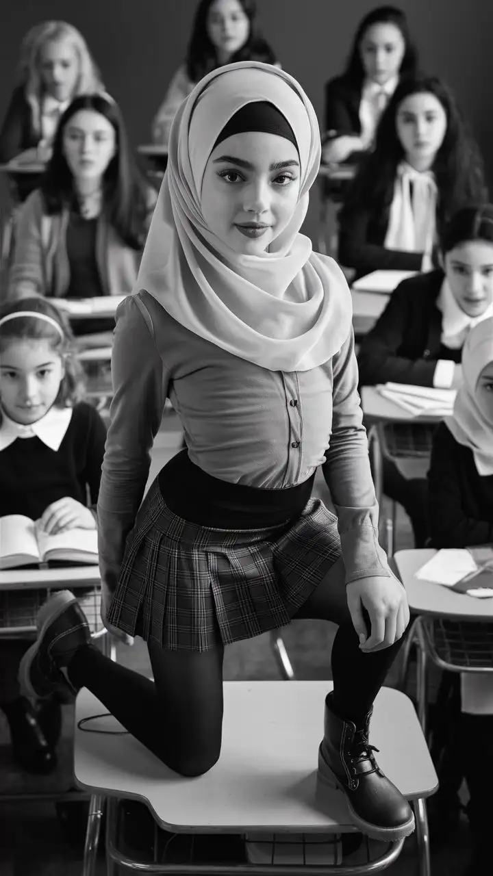 A beautiful girl.  14 years old. She wears a hijab, skinny shirt, so mini school skirt, black opaque tights, small winter boots,
She is beautiful. She standing. She puts one knee on the desk. 
Bird's eye view, in classroom, petite, plump lips. The classroom is full girl students.