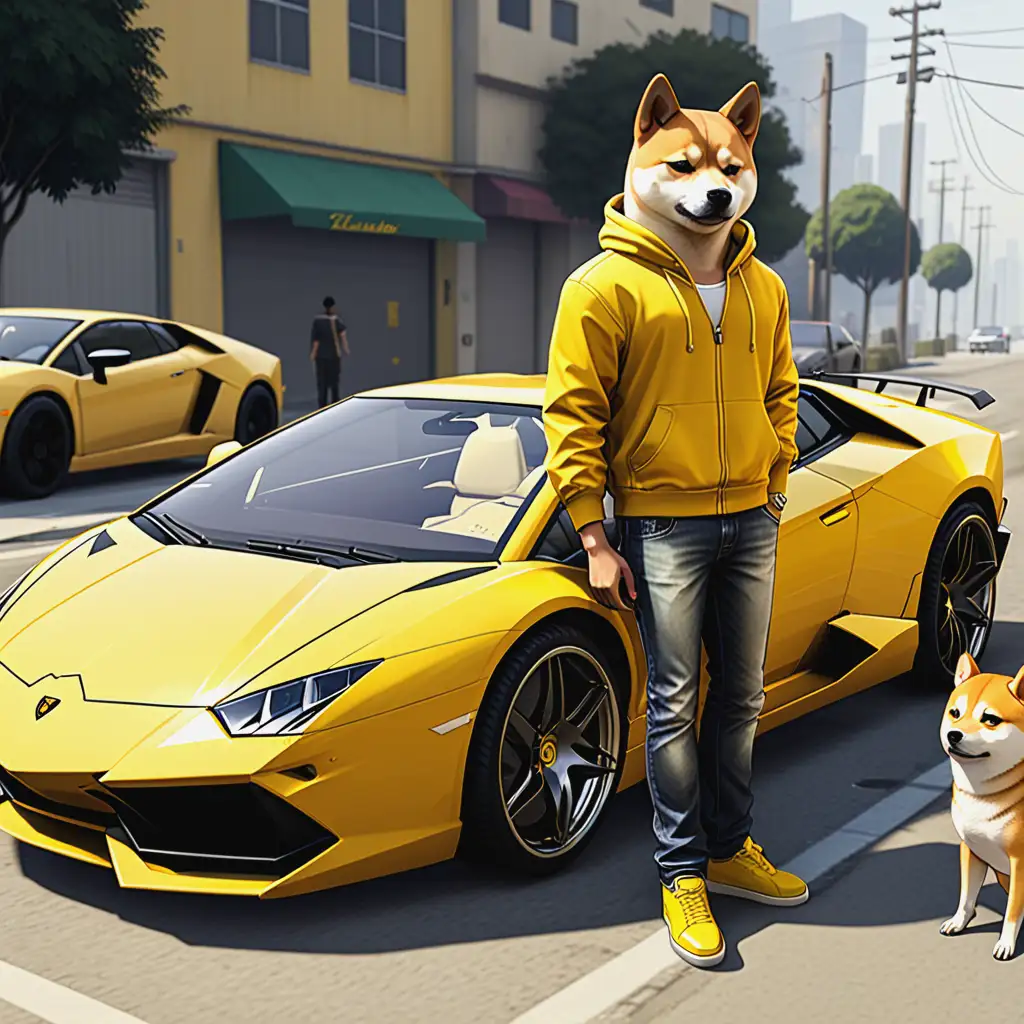 lamborghini yellow car gta style, with a humanized shiba dog anthropomorphized
