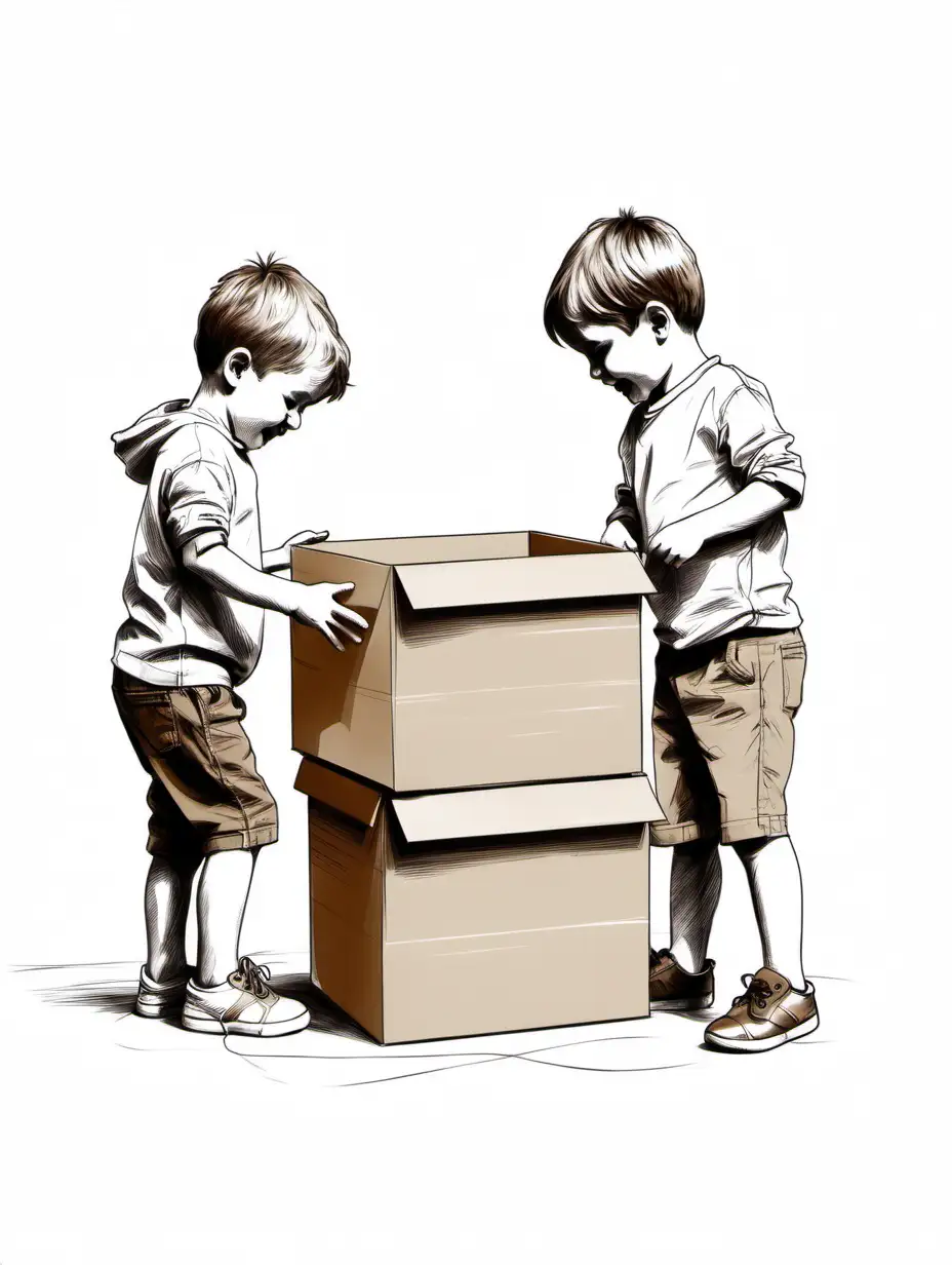 Two Little Boys Playing with Brown Boxes Black and White Sketch