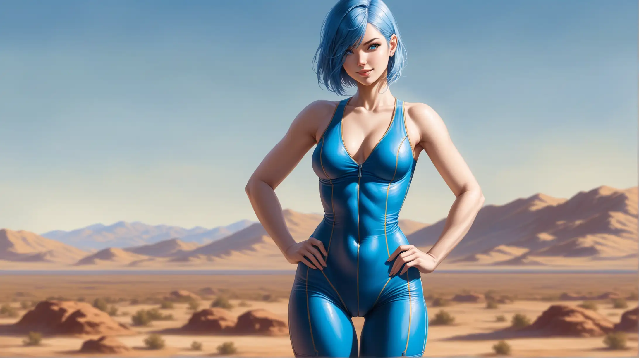 Draw a woman, short blue hair covering one eye, blue eyes, slender figure, high quality, realistic, accurate, detailed, long shot, natural lighting, outdoors, outfit inspired from Fallout, seductive pose, smiling at the viewer