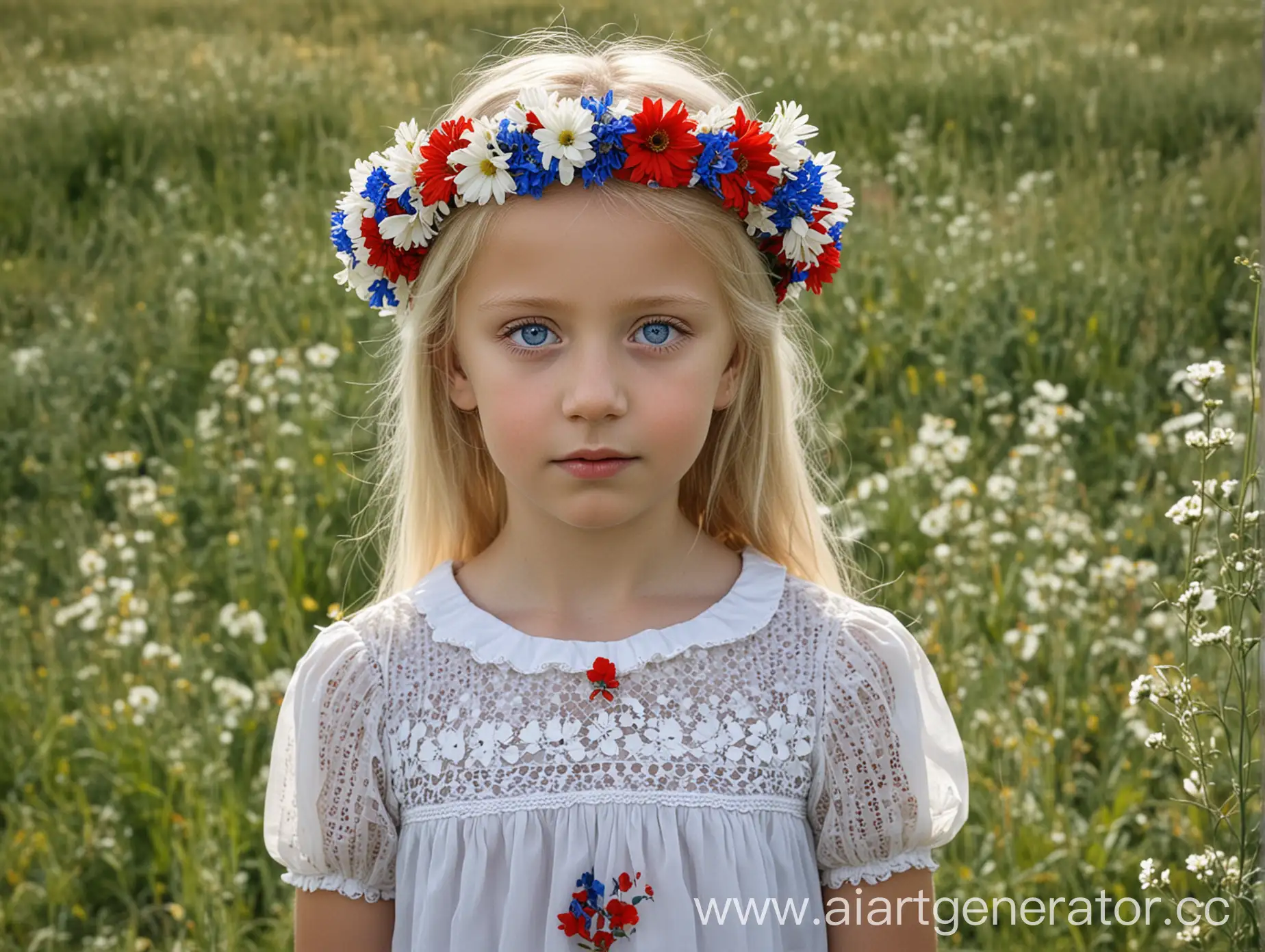 Белокурая девушка с голубыми глазами и венком цветов на голове, в поле, платье выглядит как триколор флага России - белый, синий, красный