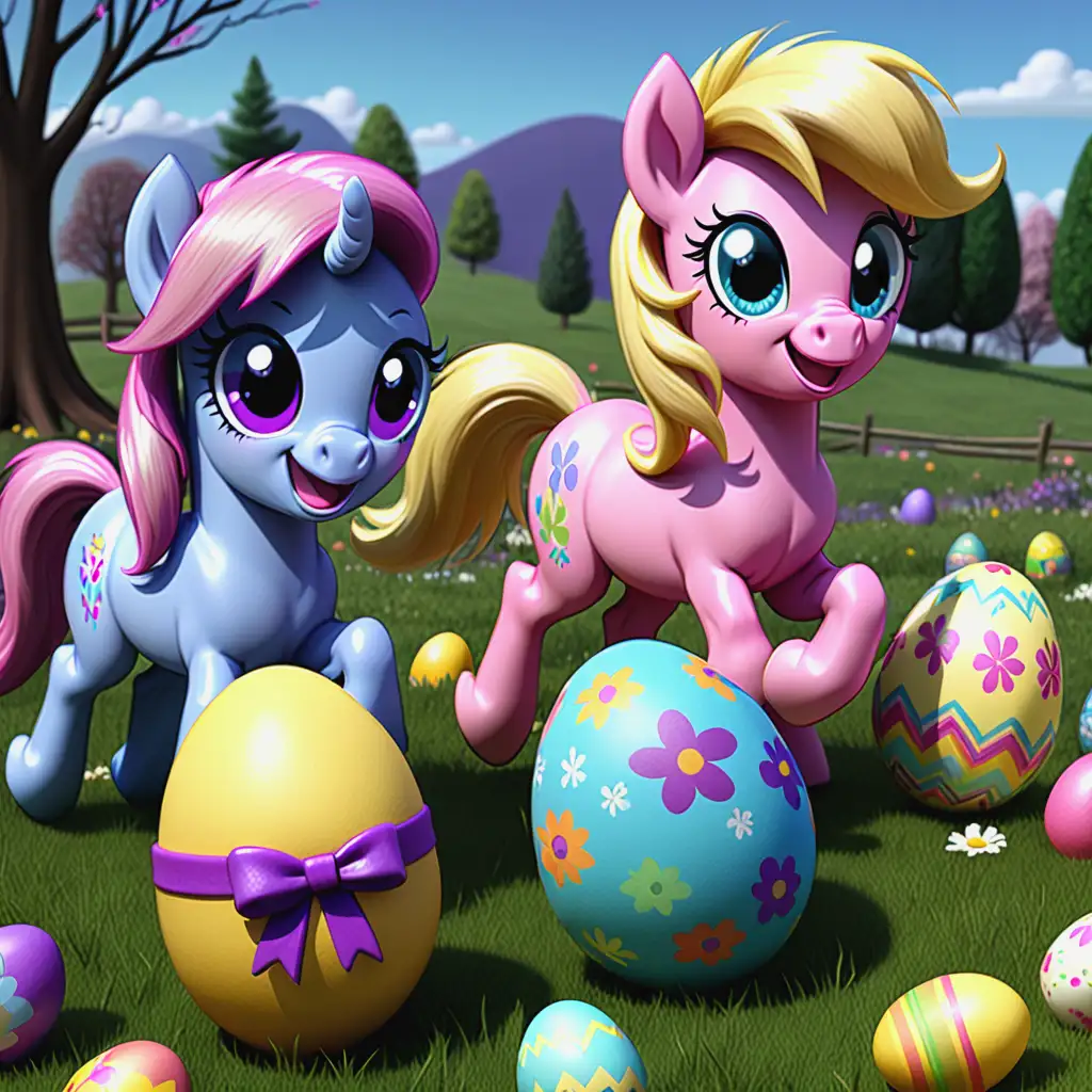 Пони из мультфильма дружба это чудо гуляют на поляне с пасхальными яйцами 