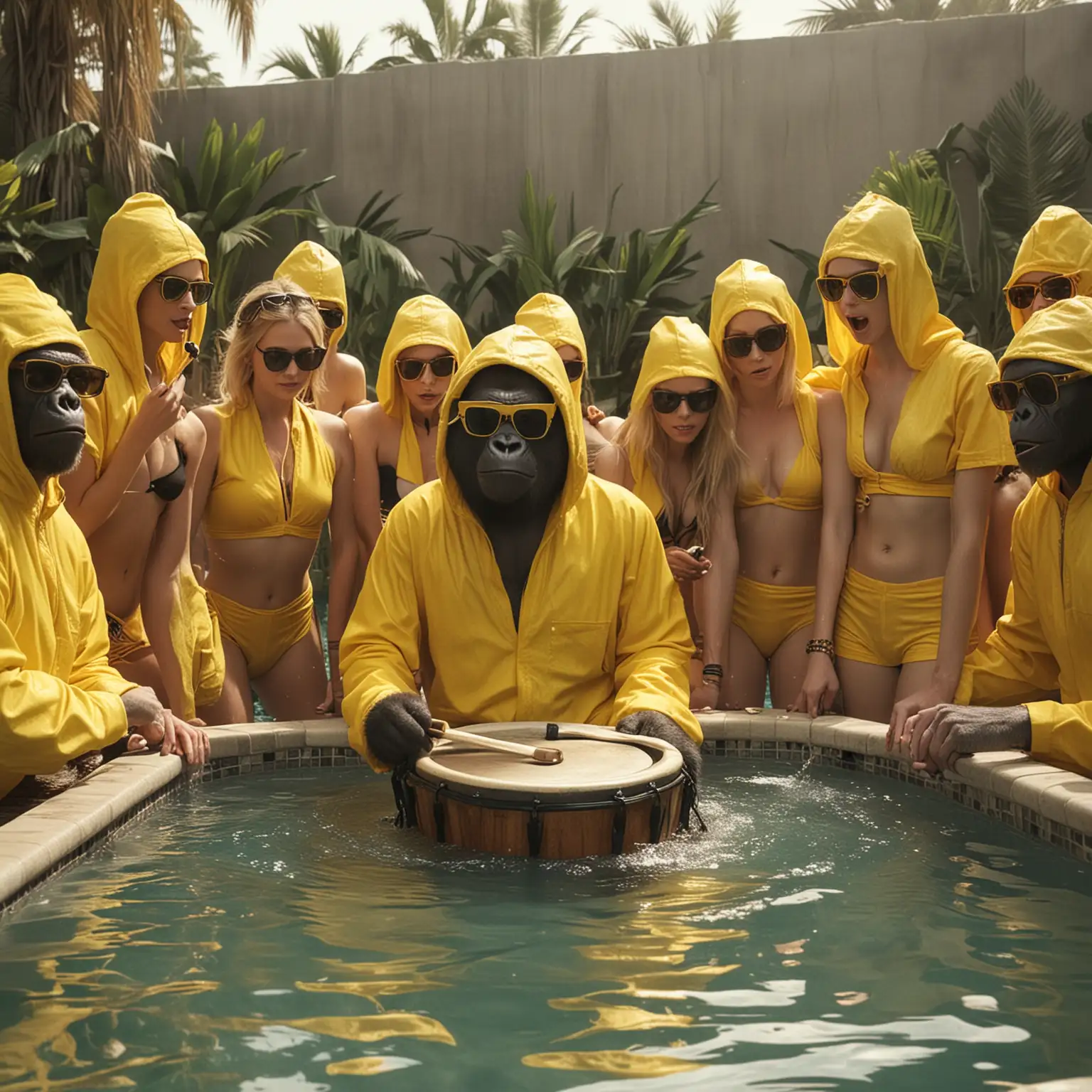 The gorilla is inside a huge jacuzzi surrounded by sexy blonde women in bikini. he is playing african percusion. The gorilla wears dark sunglasses and a YELLOW COLOR jumpsuit like the one in the Breaking Bad series. His head is covered by the yellow hood. 
he is playing an african drum instrument. Close up. cinematic. FACING THE CAMERA. party