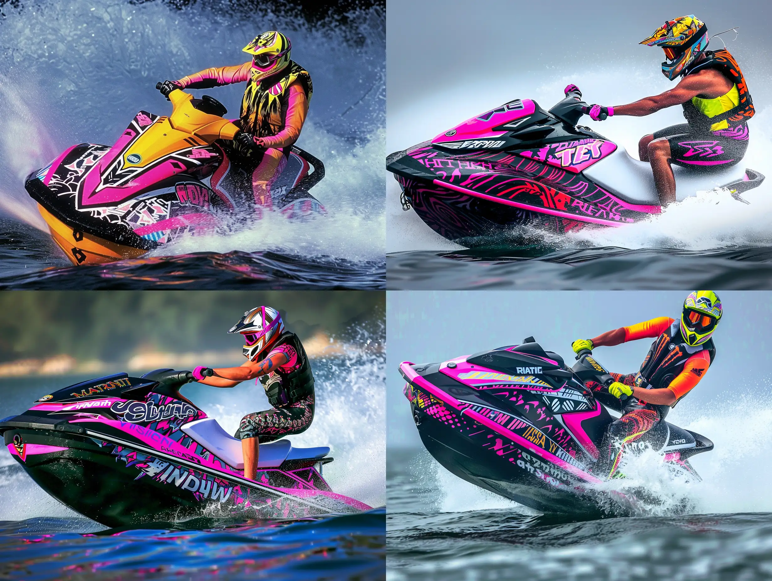 90s jetski race action photography, rider and jetski in bright neon colors, the jetski has decals with bright pink and black graphics