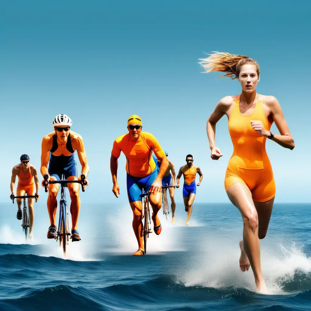 créer moi une image avec un cycliste, un  nageur qui nage, un coureur qui cours, de couleur jaune orange et bleu , en fond la mer, 