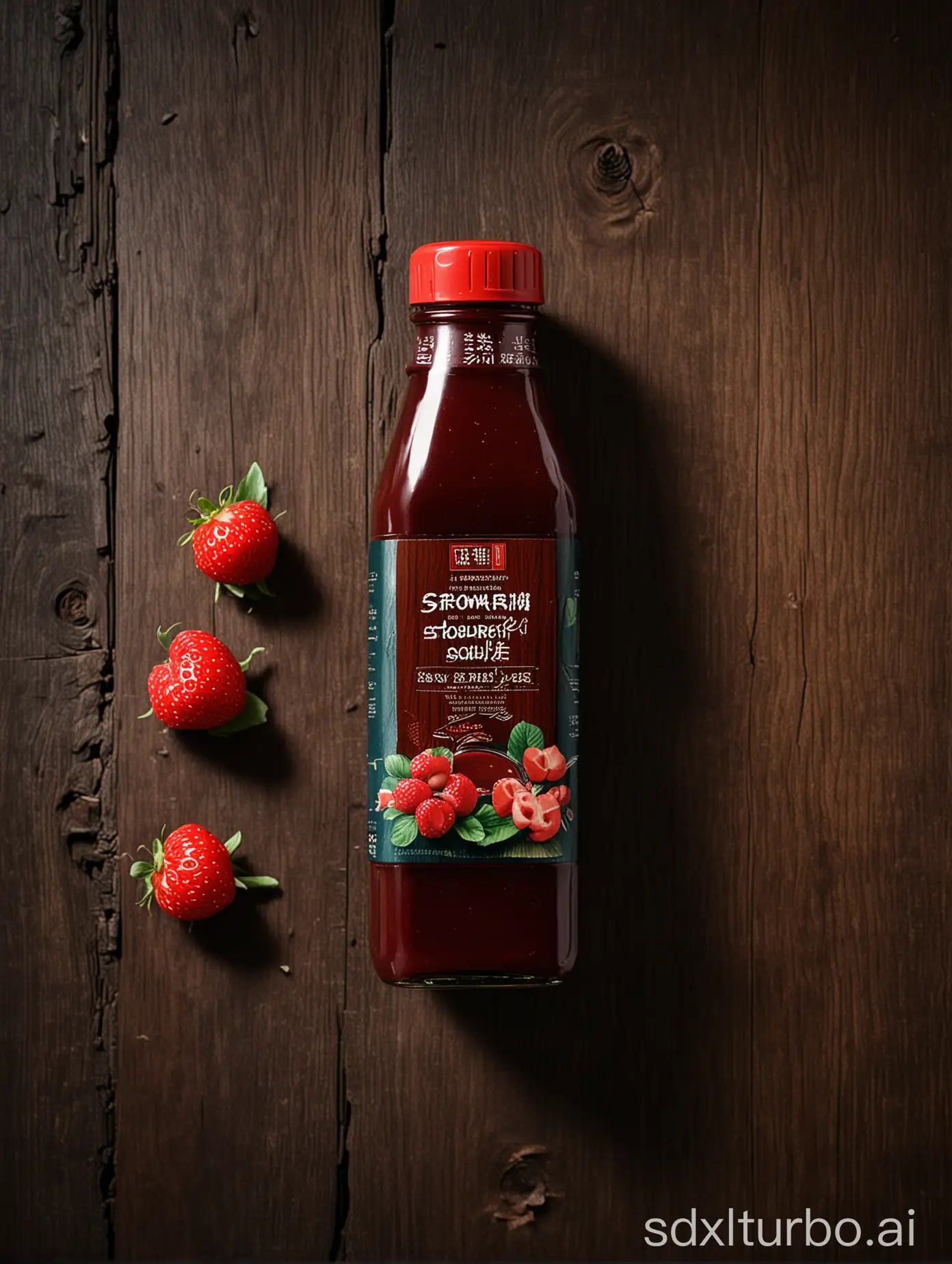 Chinese-Strawberry-Sauce-Bottle-on-Dark-Wood-Table
