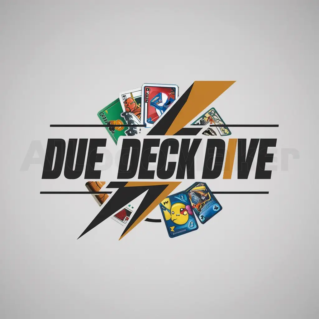a logo design,with the text "Due Deck Dive", main symbol:Lightning bolt, sports cards, football, baseball, basketball, pokemon,Moderate,be used in Entertainment industry,clear background