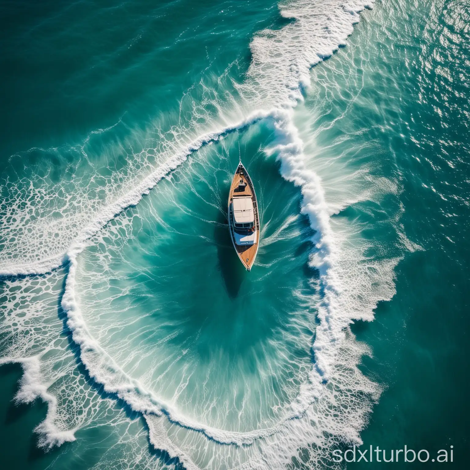 A boat going through the center of an ocean wave, bird's eye view, turquoise water, aerial photography, symmetrical, hyper realistic in the style of drone shot, sharp focus