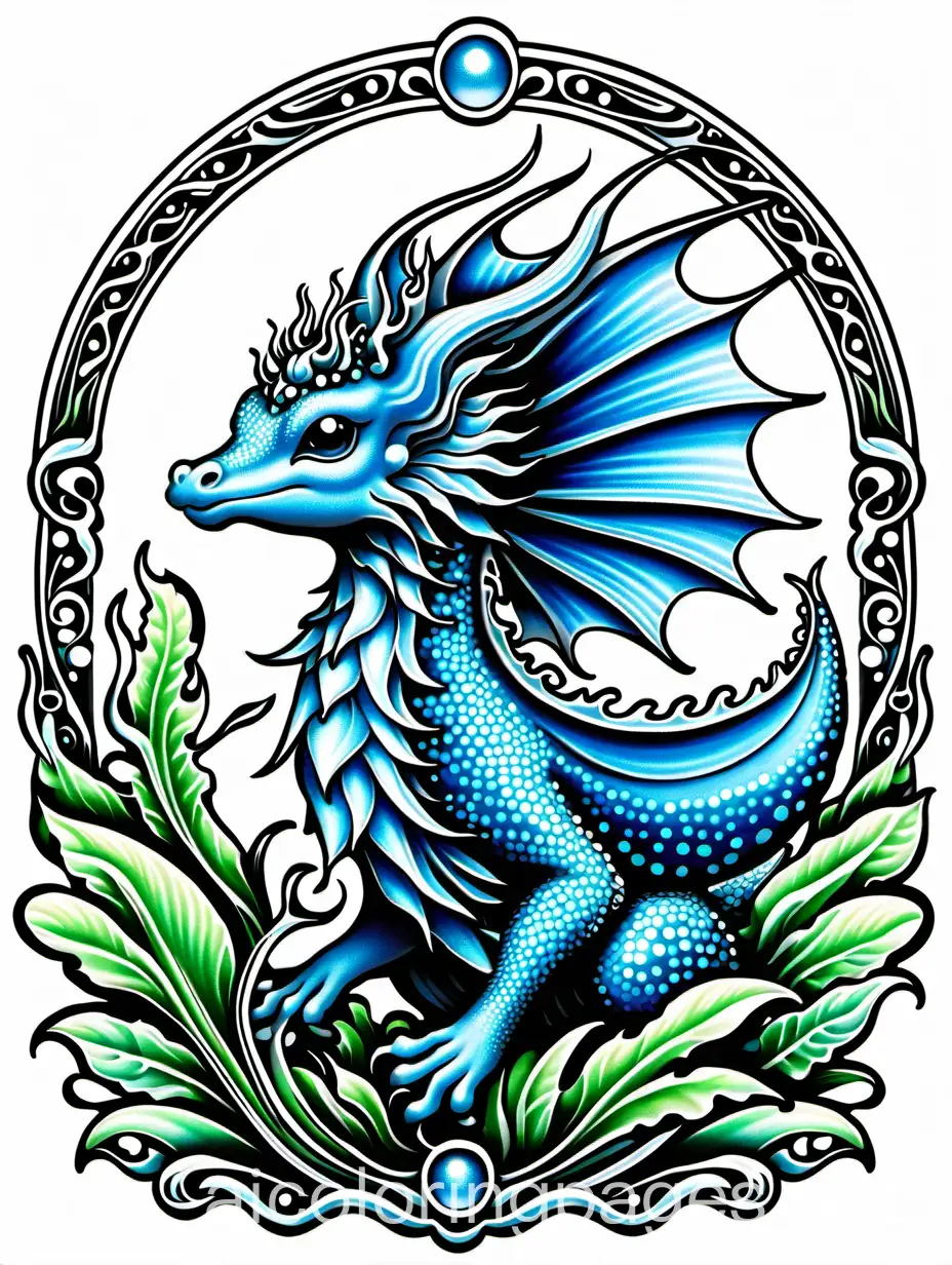 Blue Dragon sea Slug, fantasy, ethereal, beautiful, Art nouveau, in the style of Brian Froud, Coloring Page, black and white, line art, white background, Simplicity, Ample White Space. The background of the coloring page is plain white to make it easy for young children to color within the lines. The outlines of all the subjects are easy to distinguish, making it simple for kids to color without too much difficulty