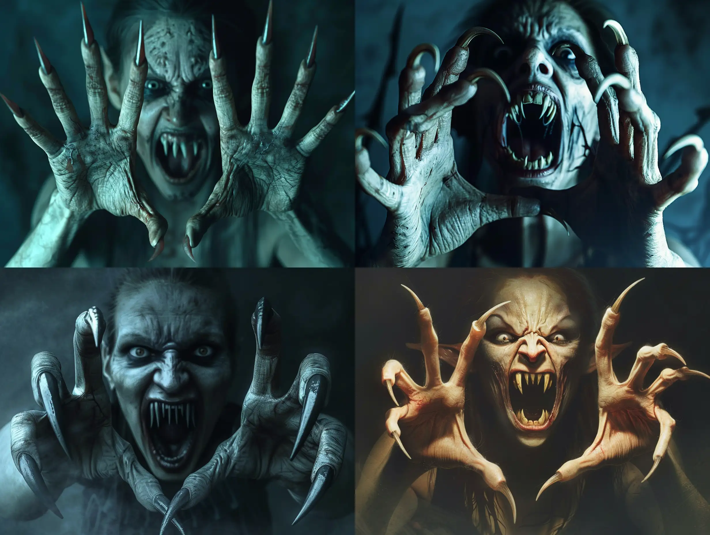 a photorealistic and horrifying nightmare scene of a scary vampire (female) with long pointed nails like claws protruding from each of the  detailed and realistic human five fingers. The vampire's menacingly open mouth reveals pointed teeth like fangs,  her eyes are a vacant, under atmospheric lighting in a full anatomical depiction, set in a night-time setting that is very clear without flaws, horror, photorealism, detailed, textured, dark, haunting, night-time scene, intense, creepy, undead, spooky, eerie, atmospheric lighting, nightmare, grotesque, terrifying, human hands, very clear without flaws with five fingers, realistic anatomy. high-angle shot, portrait.