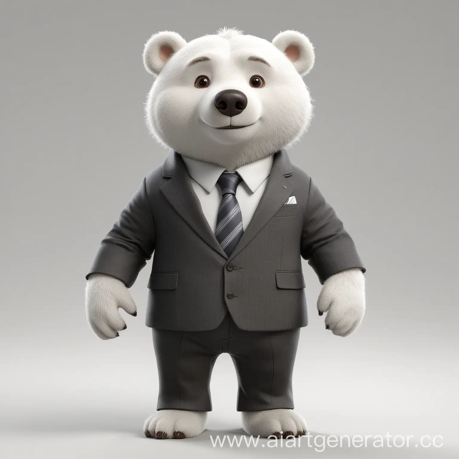 3D Персонаж в стиле pixar. белый медведь  в деловом костюме, на белом фоне, меньше деталей