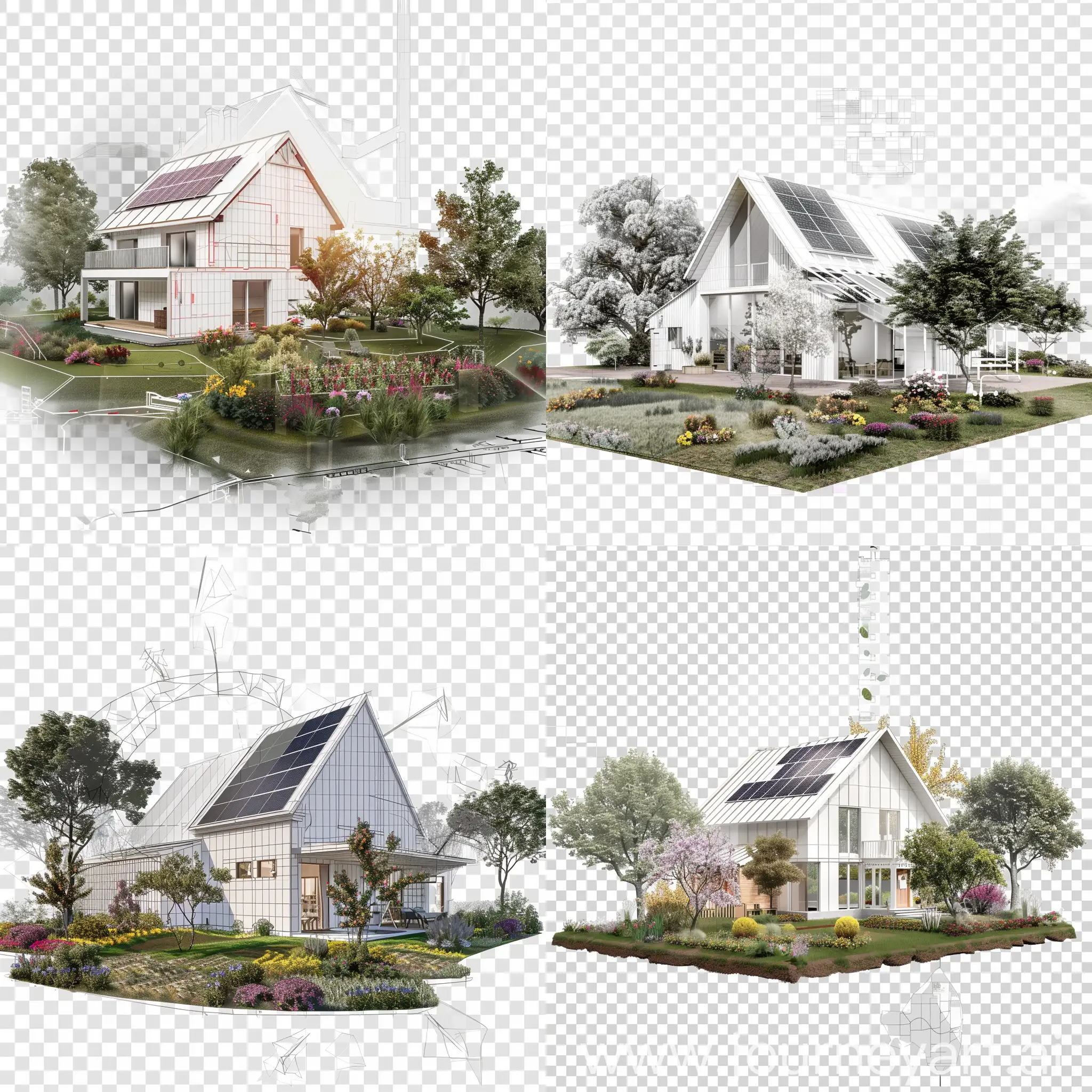 A schematic image of a house on a transparent background. The house is designed in barnhouse style with white walls and a gable roof. There are solar panels on the roof. Trees and flowers grow around the house. In the foreground there is a plot of land with a lawn and a flower bed