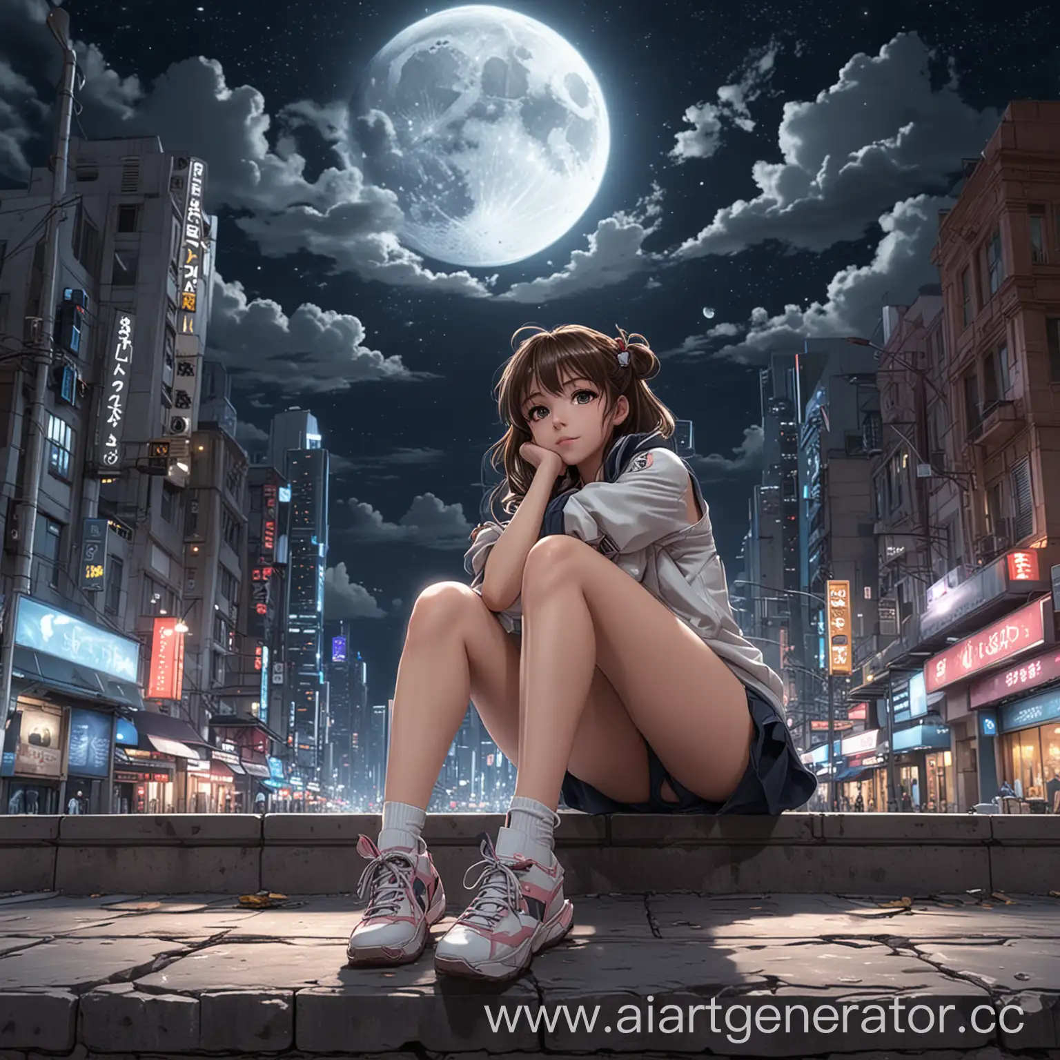 аниме девушка брюнетка сидит на тротуаре в городе будущего ночью на заднем плане тучи и луна