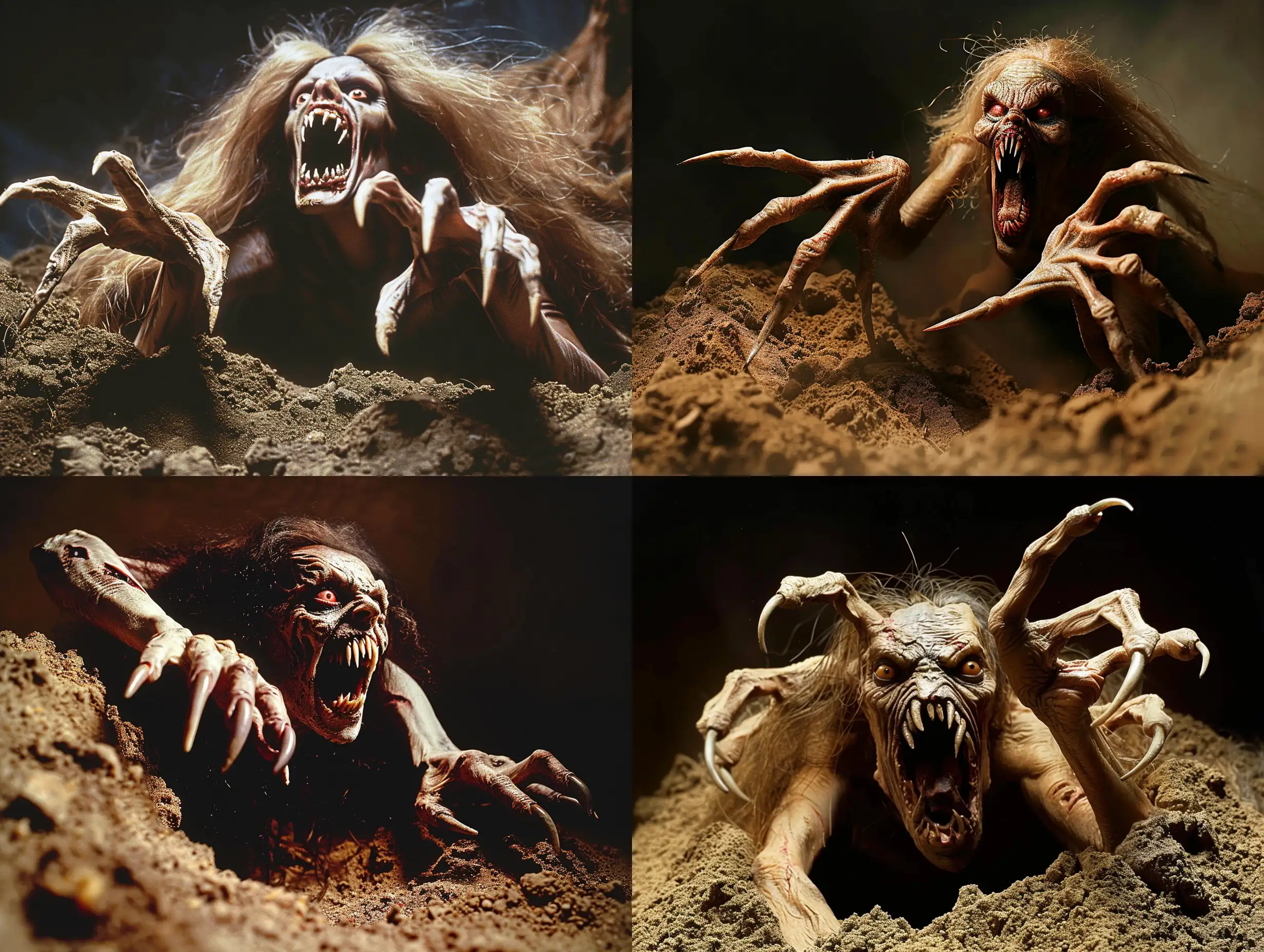 A wild, ugly monstrous vampire woman who has climbed out of the grave, her long, pale fingers clawing at the dirt as if she's been buried for centuries. Her extraordinarily long, pointed fingernails, resembling the claws of a predator, protrude from each of her five fingers on each hand. The vampire's mouth is wide open, revealing a row of terrible teeth that look like fangs, as if she's ready to sink them into her prey. Her face is twisted in a threatening expression, her eyes glowing with an unearthly light that pierces the darkness around her.