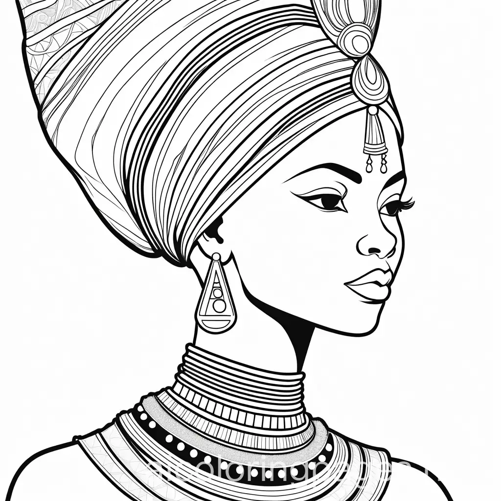 african nubian queen, Coloring Page, black and white, line art, white background, Simplicity, Ample White Space. The background of the coloring page is plain white to make it easy for young children to color within the lines. The outlines of all the subjects are easy to distinguish, making it simple for kids to color without too much difficulty