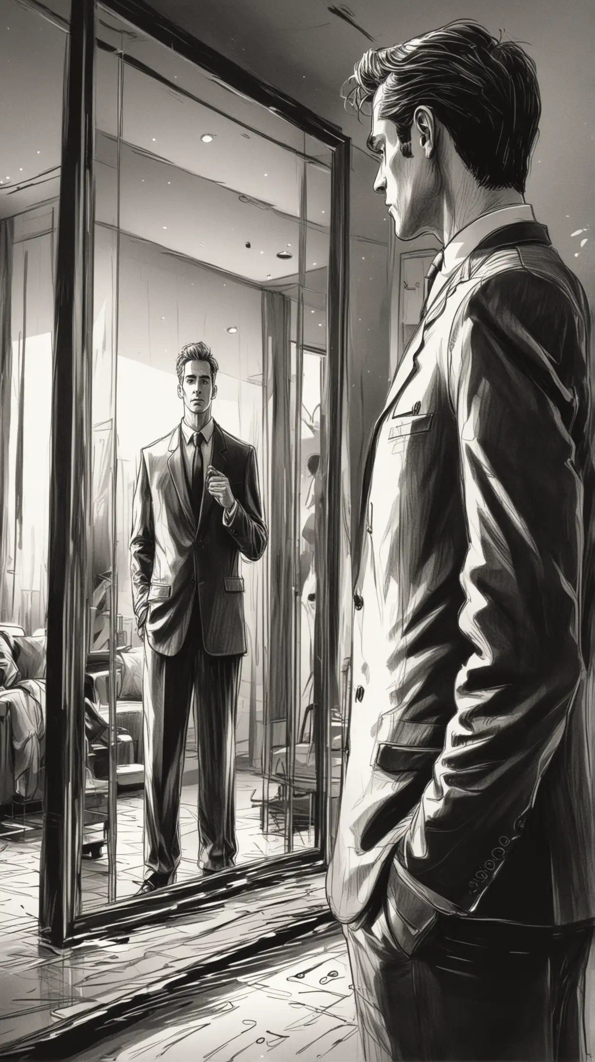businessman in a business suit looks in a large mirror::1  storyboard sketch black and white detailed style::1