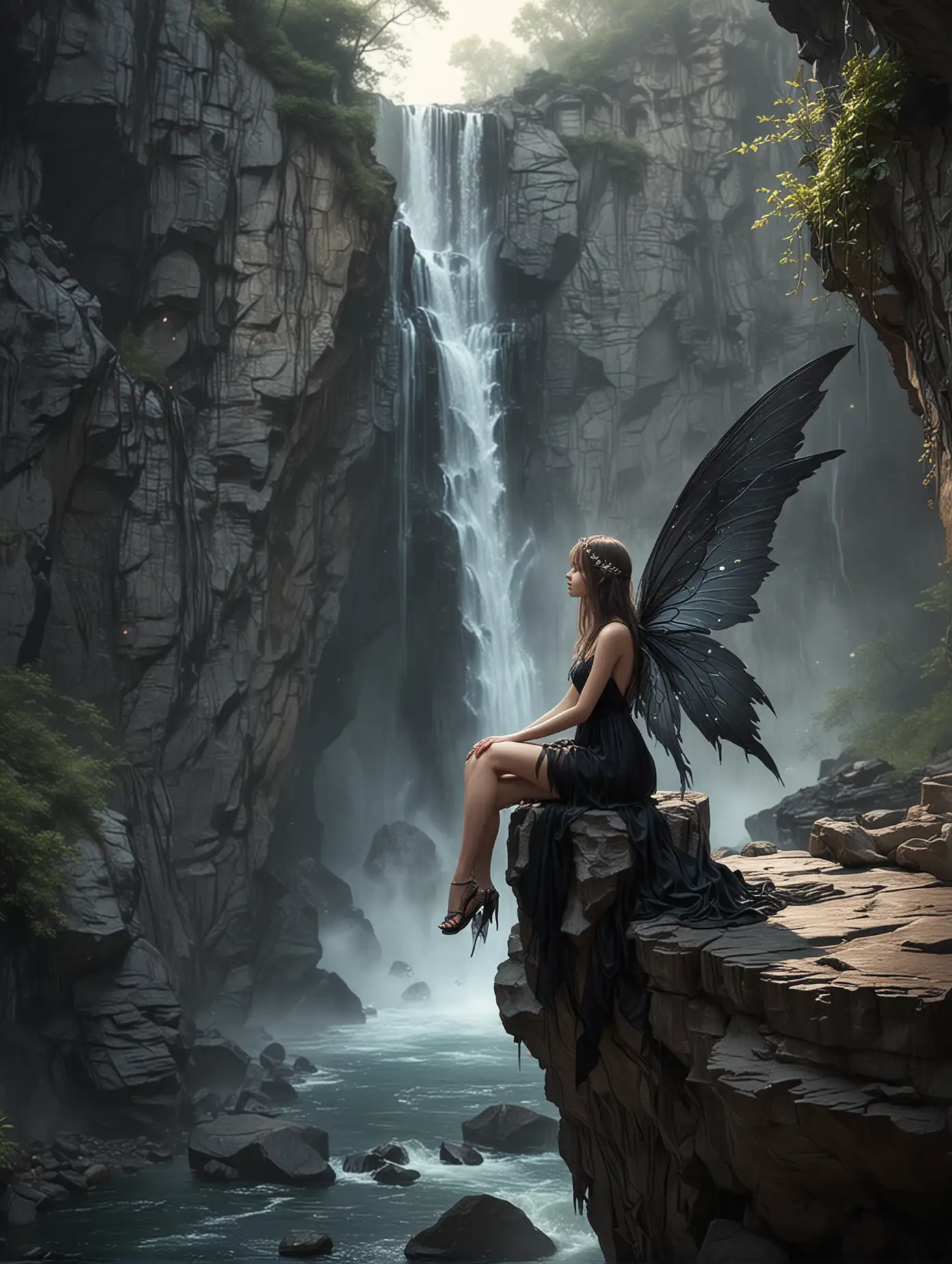 Ethereal fantasy concept art of beauty fairy wears black mini dress and large wings, she was sitting on a rock at the edge of a cliff. Amazing view of waterfall background. Fantasy theme