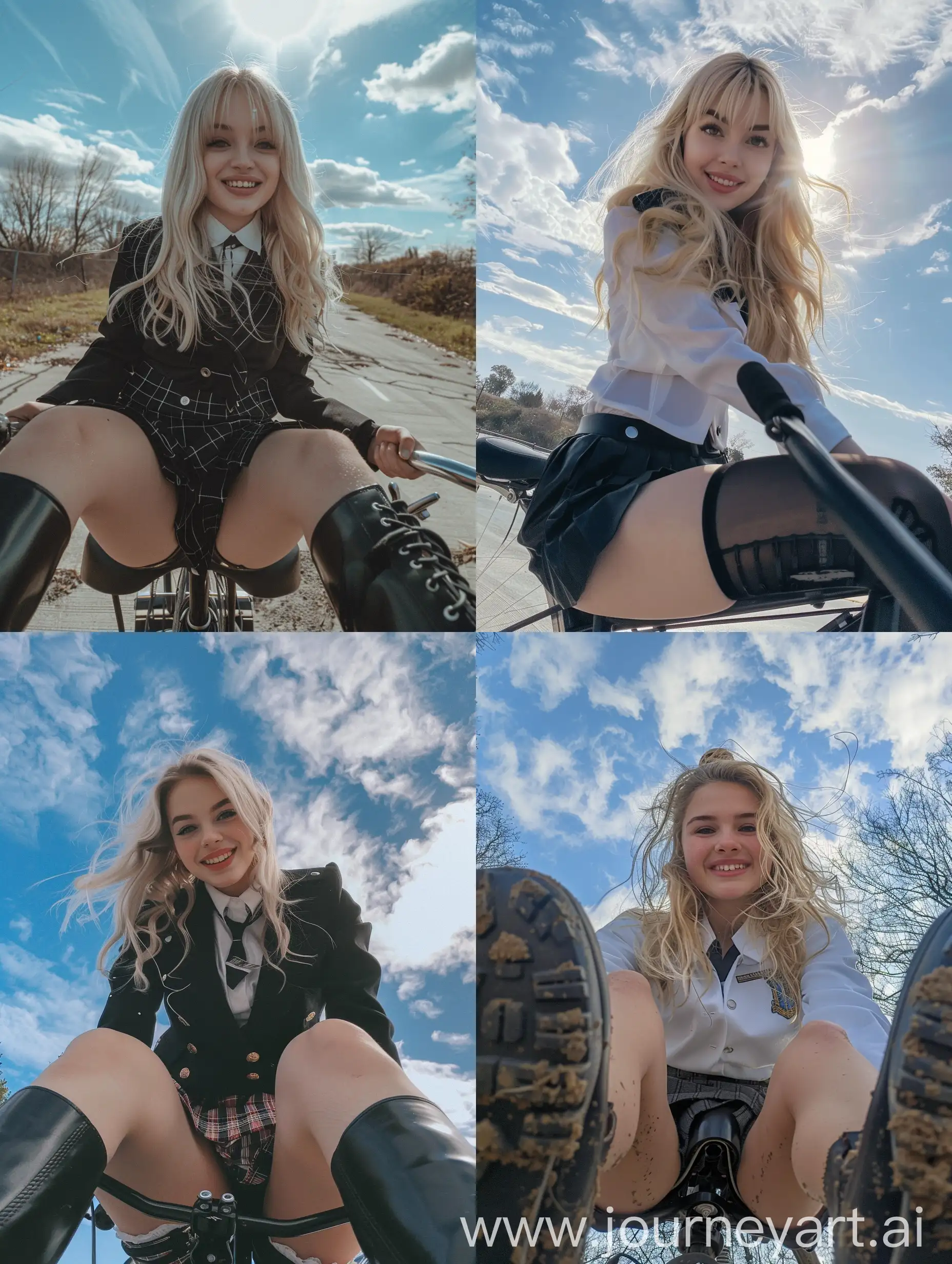 Blonde-Schoolgirl-in-Black-Boots-Riding-Bicycle-Selfie