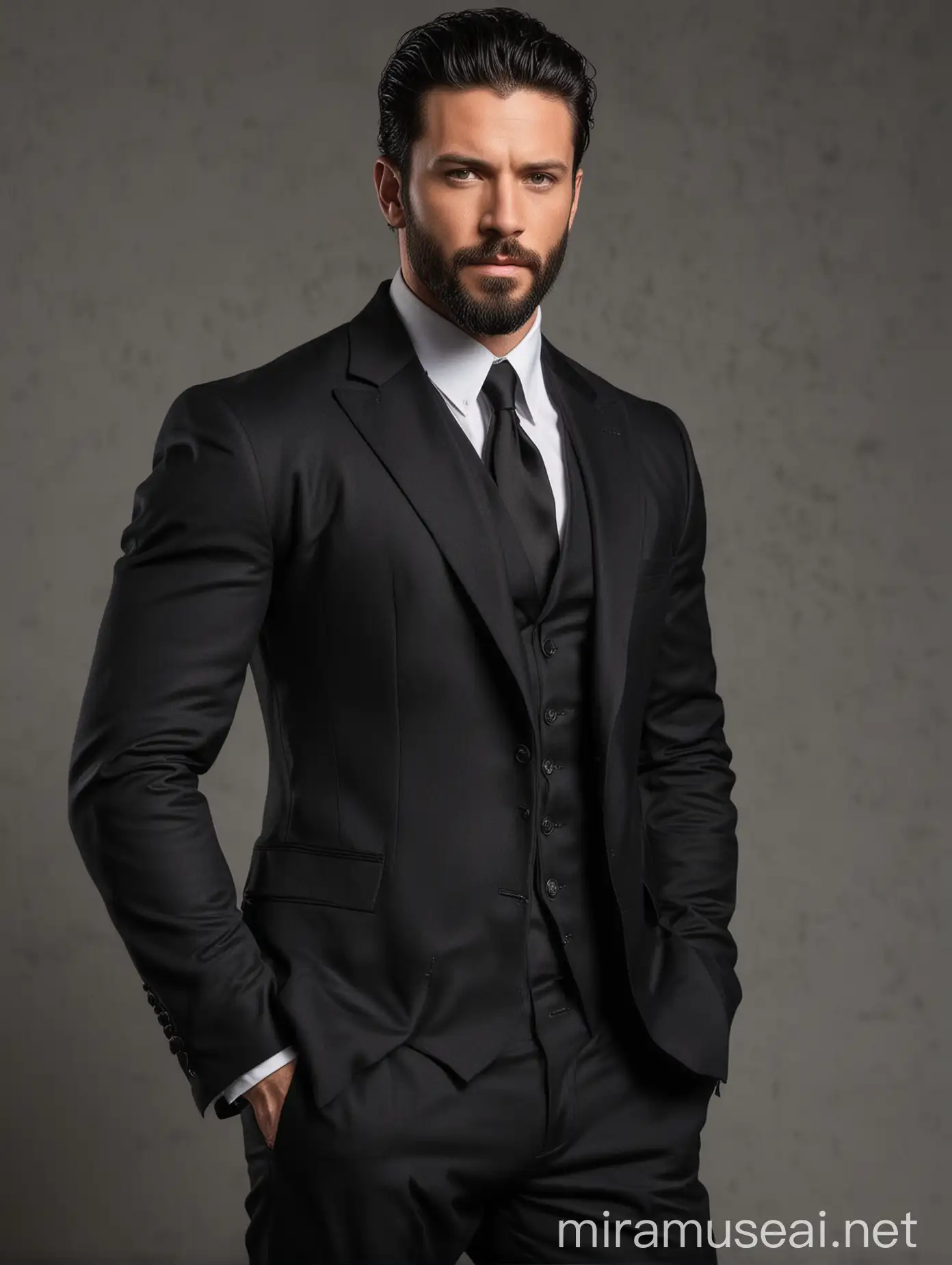 Handsome Muscular Man in Black FullBody Suit with Days Beard