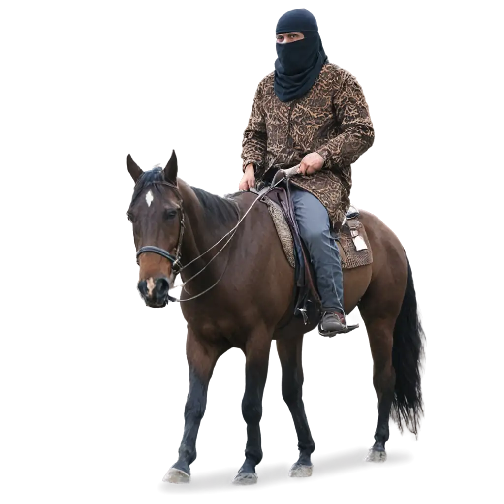 A MAN WITH criminal's head covering RIDING A HORSE