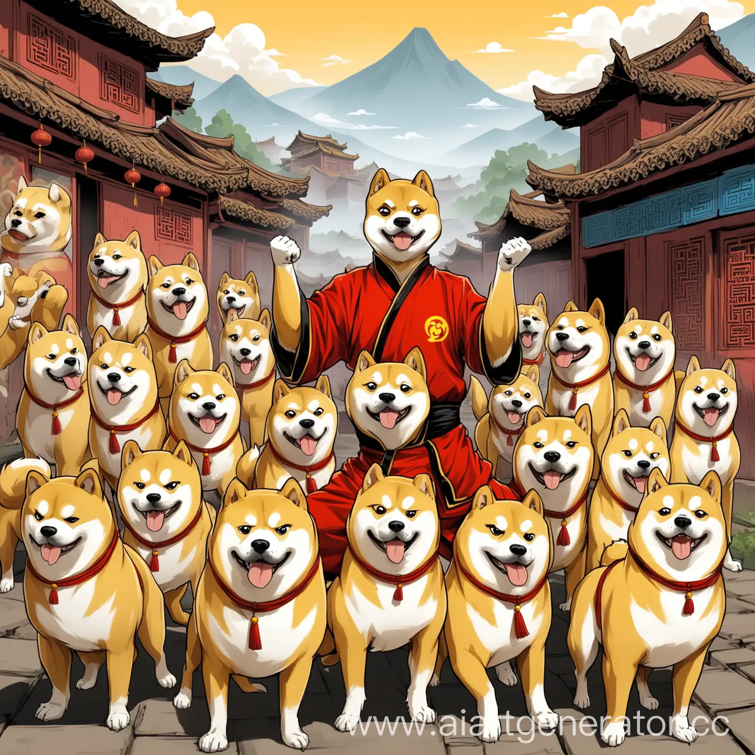 shifu doge, кунг-фу собаки, размер альбомный много собак на фоне китайского городка, аниме стиль