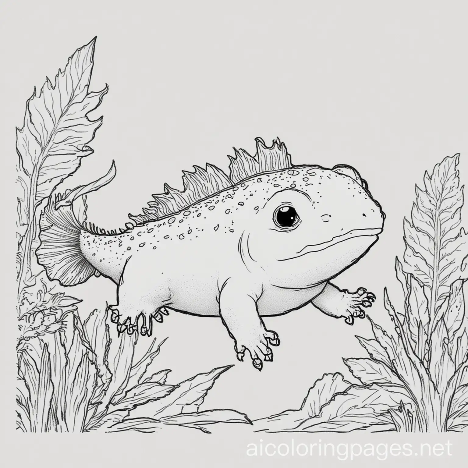 axolotl
, Coloring Page, black and white, line art, white background, Simplicity, Ample White Space. The background of the coloring page is plain white to make it easy for young children to color within the lines. The outlines of all the subjects are easy to distinguish, making it simple for kids to color without too much difficulty