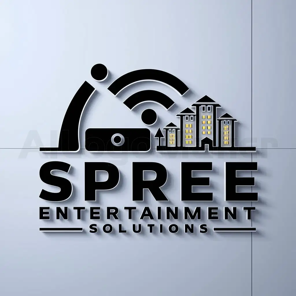 a logo design,with the text "Spree Entertainment Solutions", main symbol:A tv handset, a wifi connectivity symbol, a Hotel,complex,be used in Entertainment industry,clear background