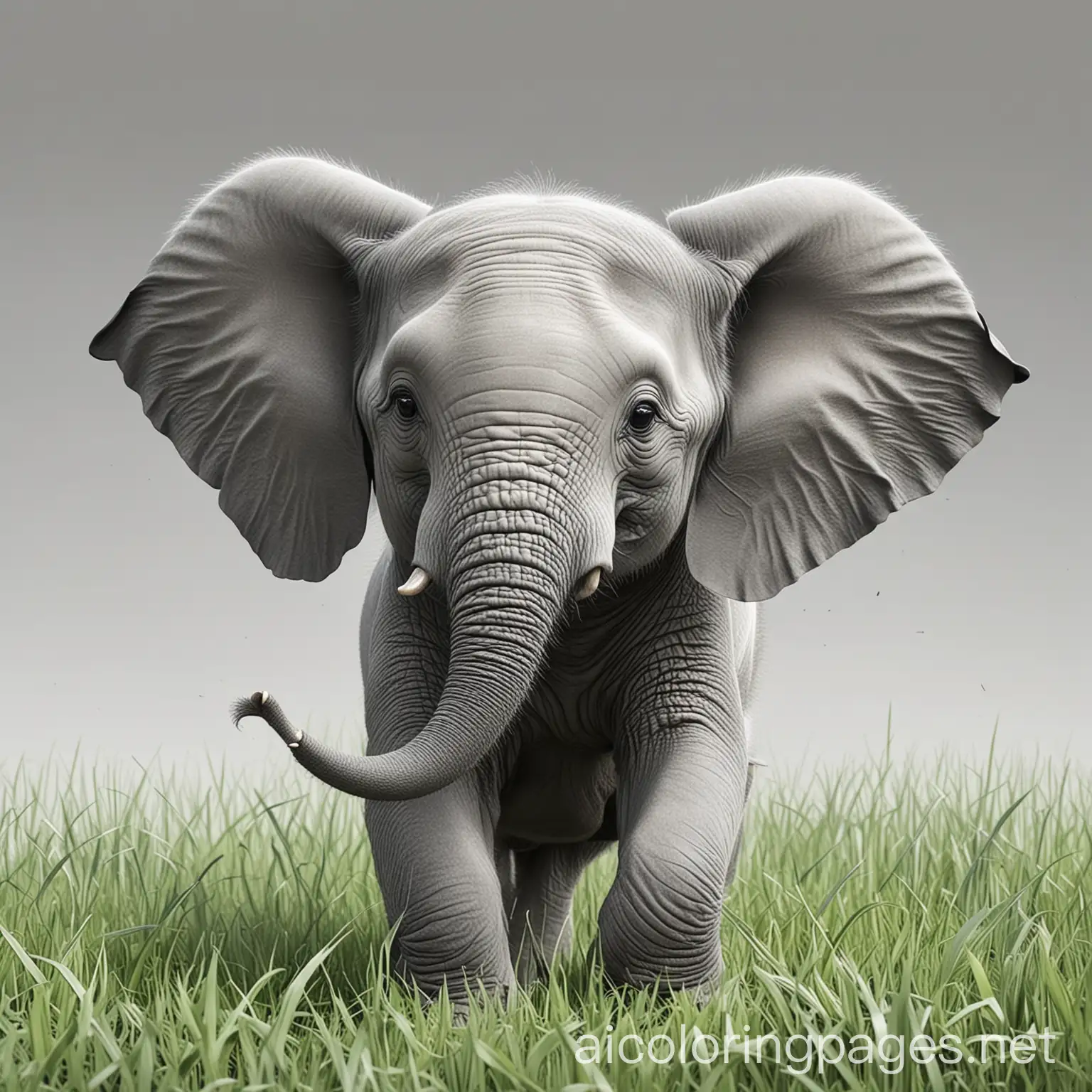 A beautiful gray baby elephant playing in green grass having lots of fun, Coloring Page, black and white, line art, white background, Simplicity, Ample White Space. The background of the coloring page is plain white to make it easy for young children to color within the lines. The outlines of all the subjects are easy to distinguish, making it simple for kids to color without too much difficulty