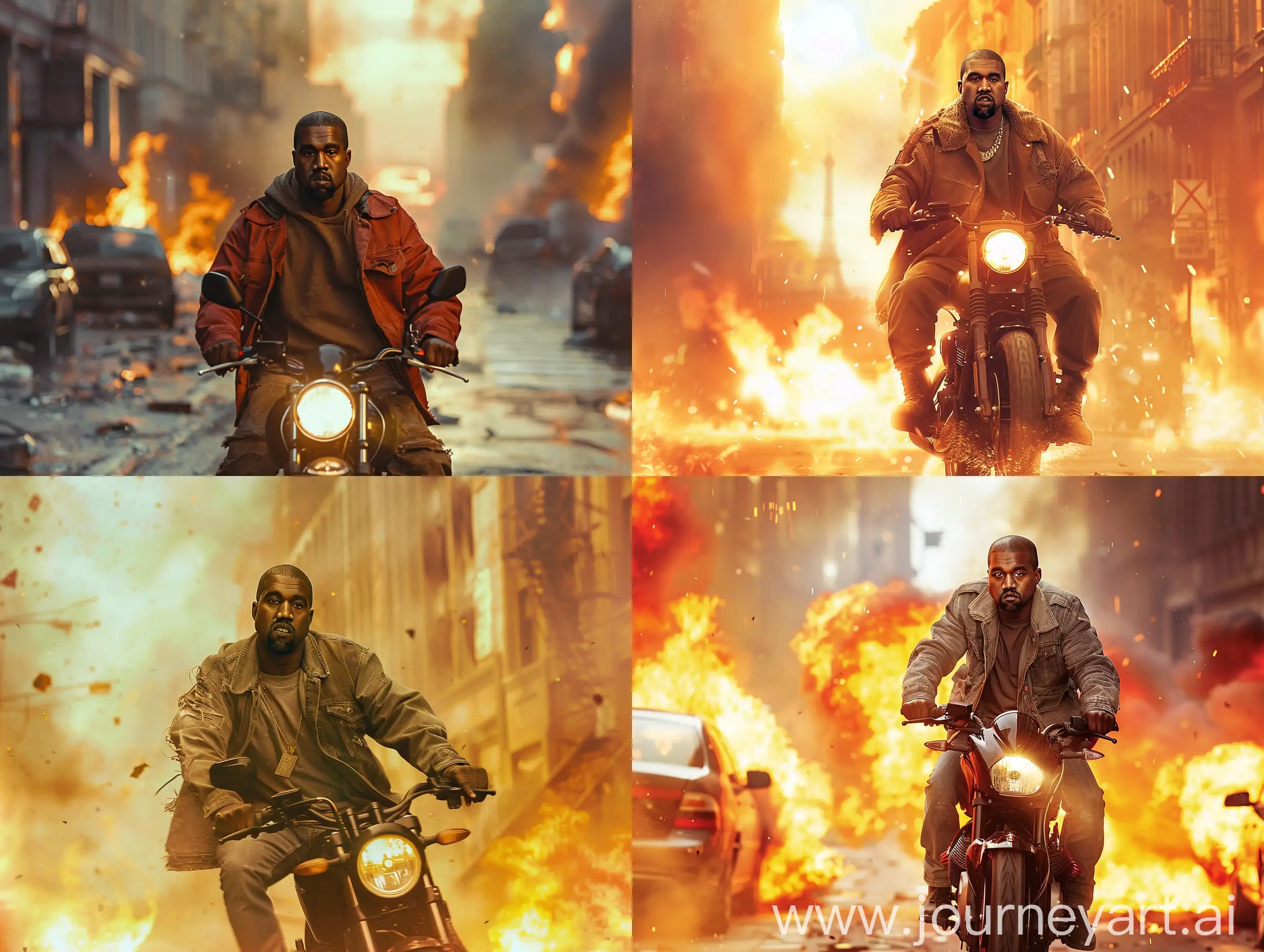 A photo of the rapper kanye west riding a motorbike escaping from a burning city