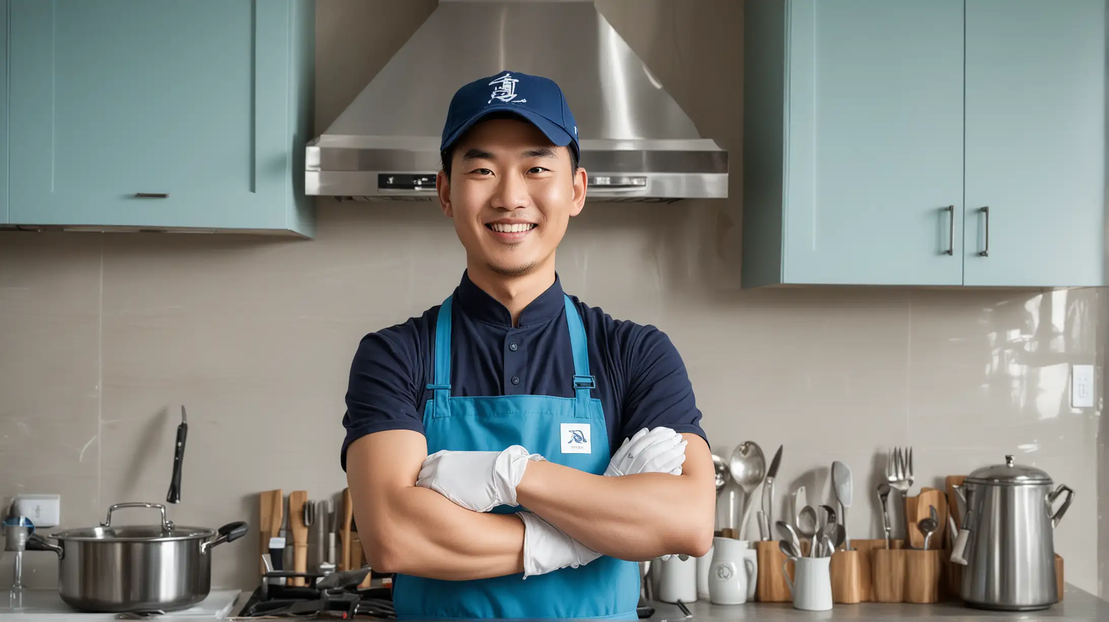 Chinese Butler Installing Range Hood with Tools and Smile in Kitchen