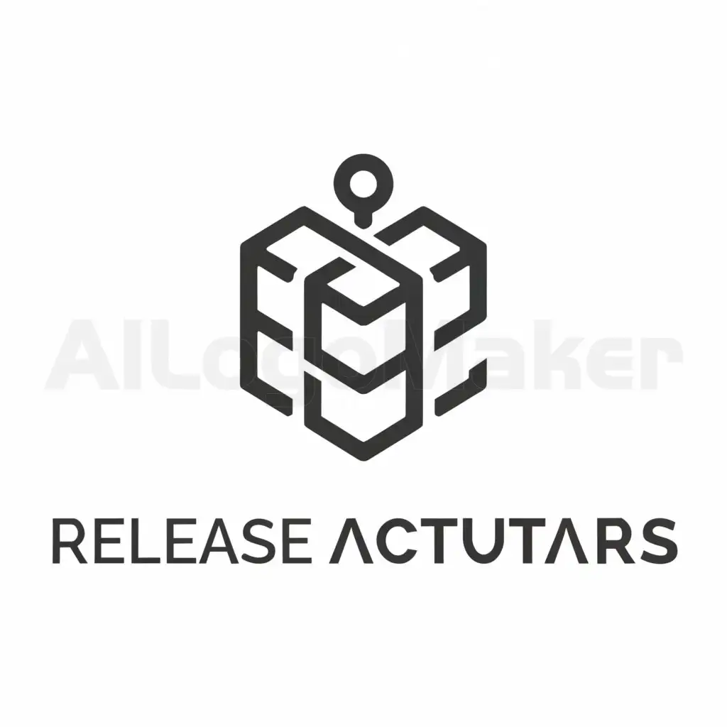 a logo design,with the text "Release Actuators", main symbol:It is a white cube with rounded edges. The cube has a cylindrical pin on top of it, the pin is smaller than the cube,Moderate,clear background