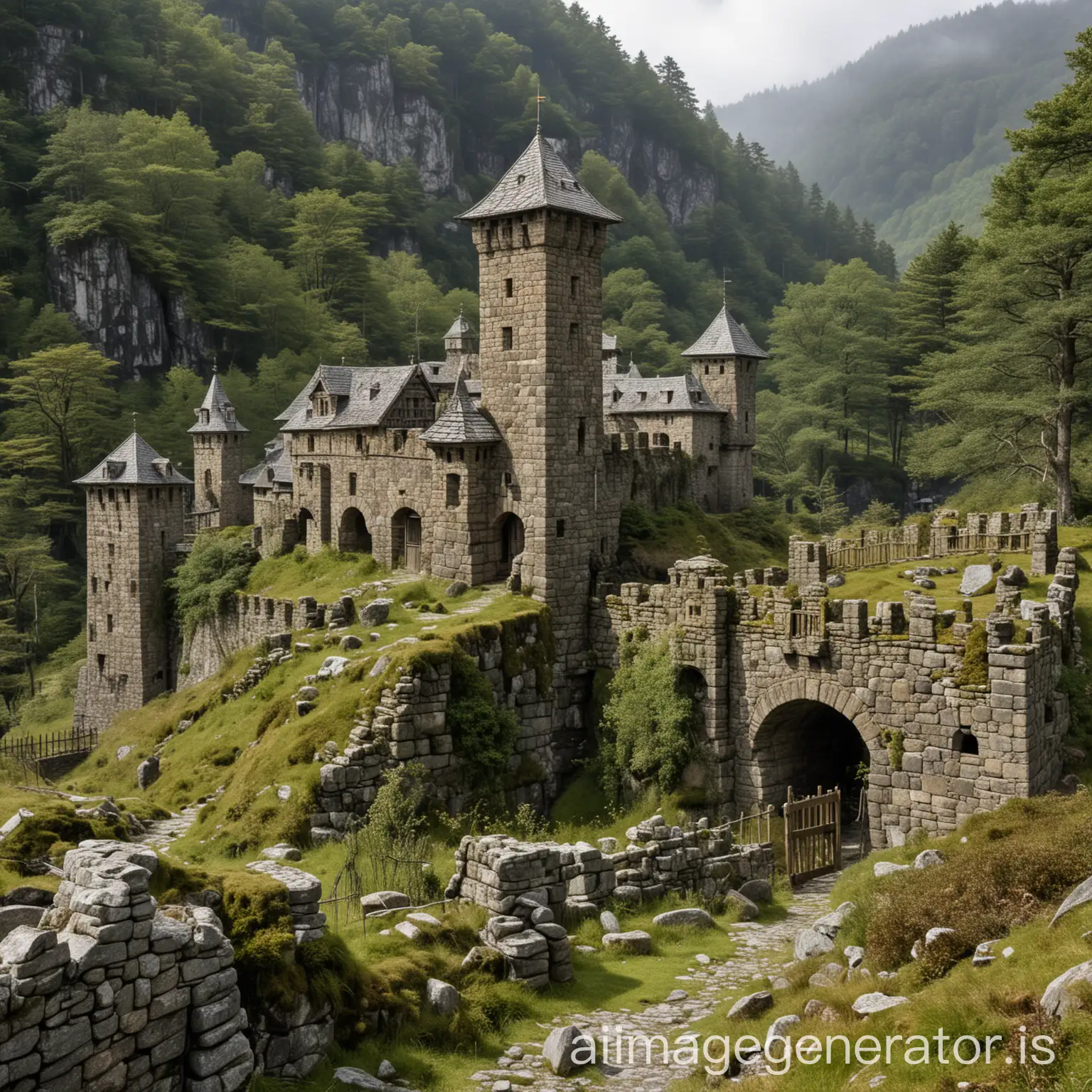 a stone fortress tucked in the mountains. it has three towers, an outer wall, and wooden gates. a few watchtowers woven together by a large connecting building splattered with lichen and moss. surrounded by a dense forest.