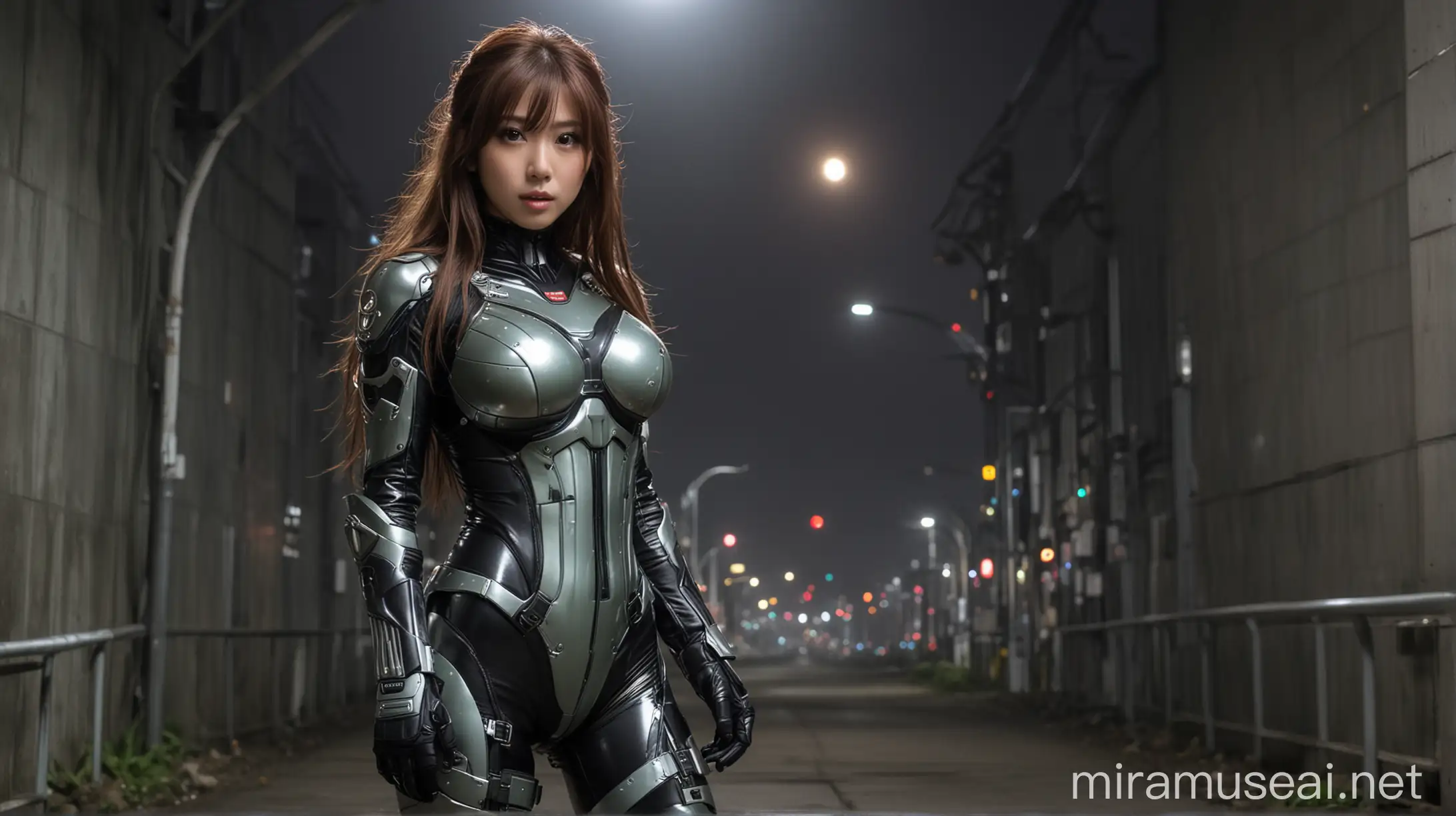 in the left side of the picture japan girl, sexy makeup, big eyes and fat lips, slim, long hair, wild hair, full body at full length, fitness model, big boobs, wide hips, huge tits, tight spacesuit, high armored spacesuit, detailed armor, viridian and black spacesuit, glowing stripes on spacesuit, night sky, stars, planets, exploding planet in the sky