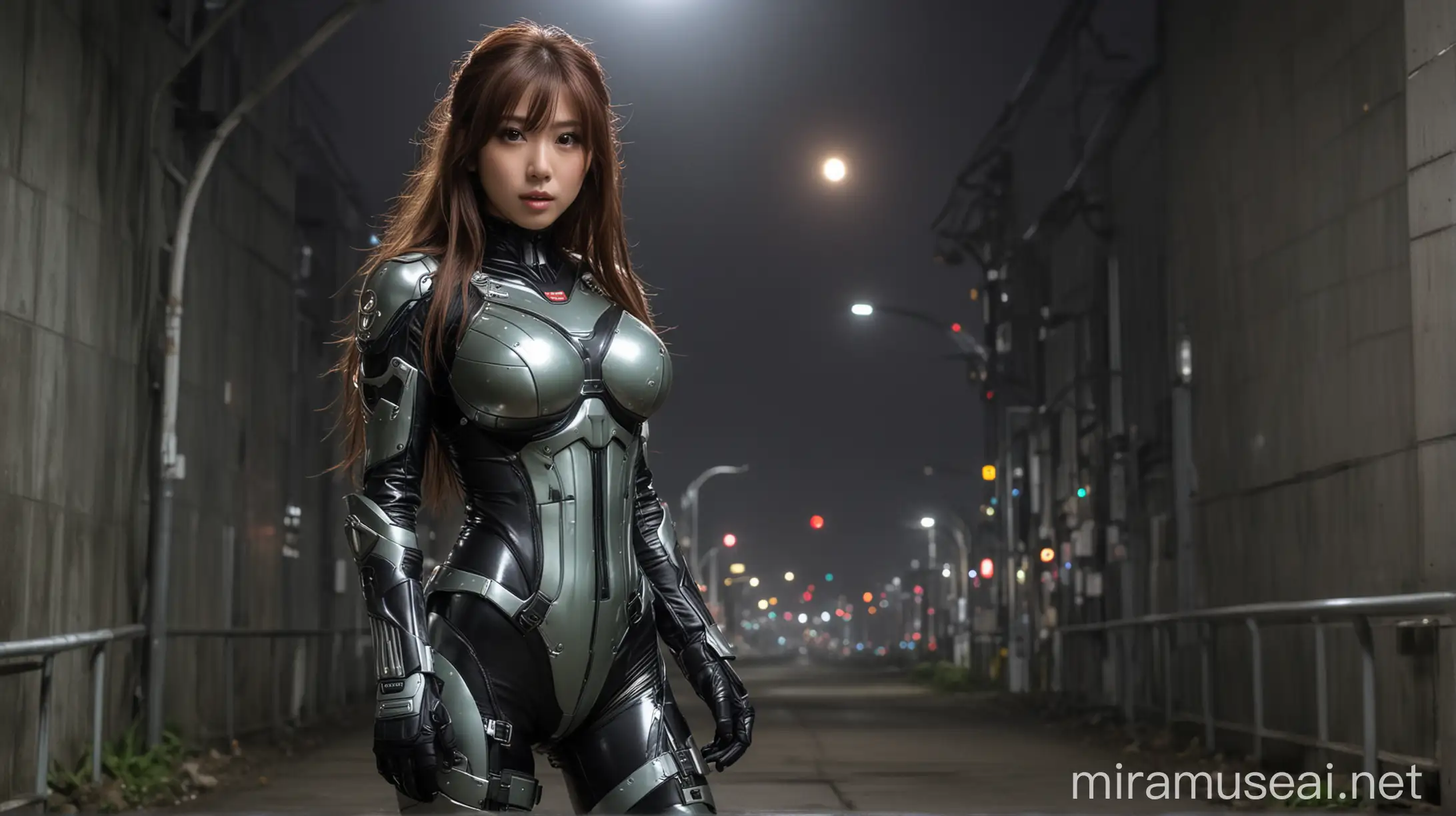 Seductive Japan Girl in Viridian Spacesuit under Starry Sky