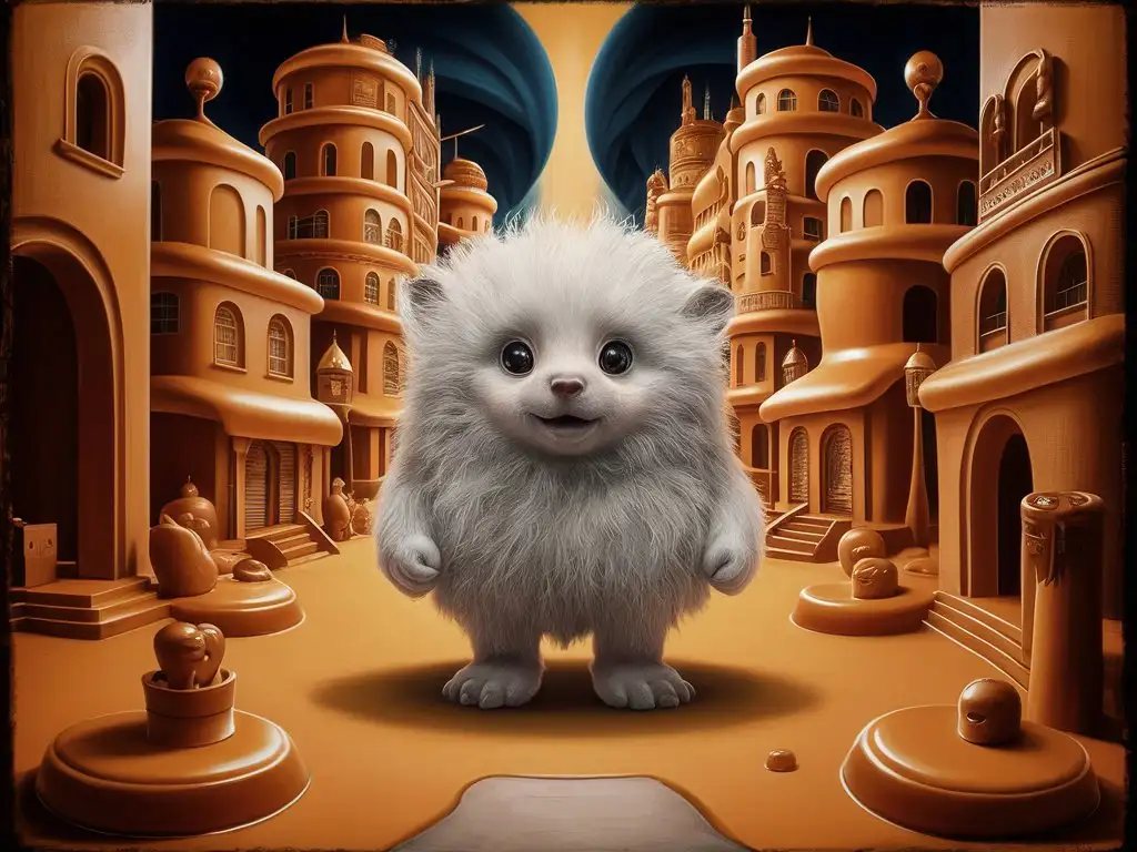 A surreal oil painting on canvas in the style of an unknown avant-garde artist of the Renaissance, a strange and previously unknown creature Buba looks like a cute white shaggy lump with legs and arms, Buba has big beautiful eyes and she is very kind, Buba shoots an interesting report about life In the caramel city, bright colors