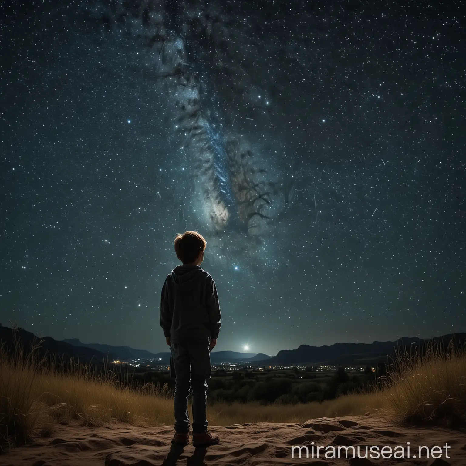 In the picture "the starry night" the boy was looking at the sky from afar