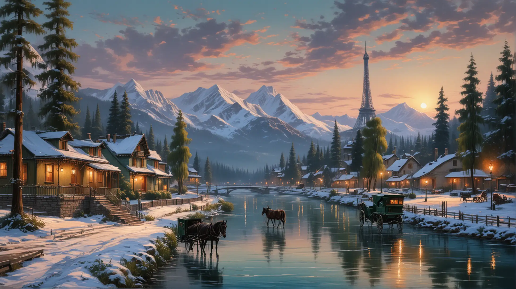 Create a city of a cyan river and a waterfall in front of snow mountains, tall green pine trees on both sides of river, beautiful houses on both sides of the river, Eiffel Tower in distance, a black horse cart is standing on the left of the picture, dusk, very dark shades, oil painting, detailed brushstrokes, HD quality 
