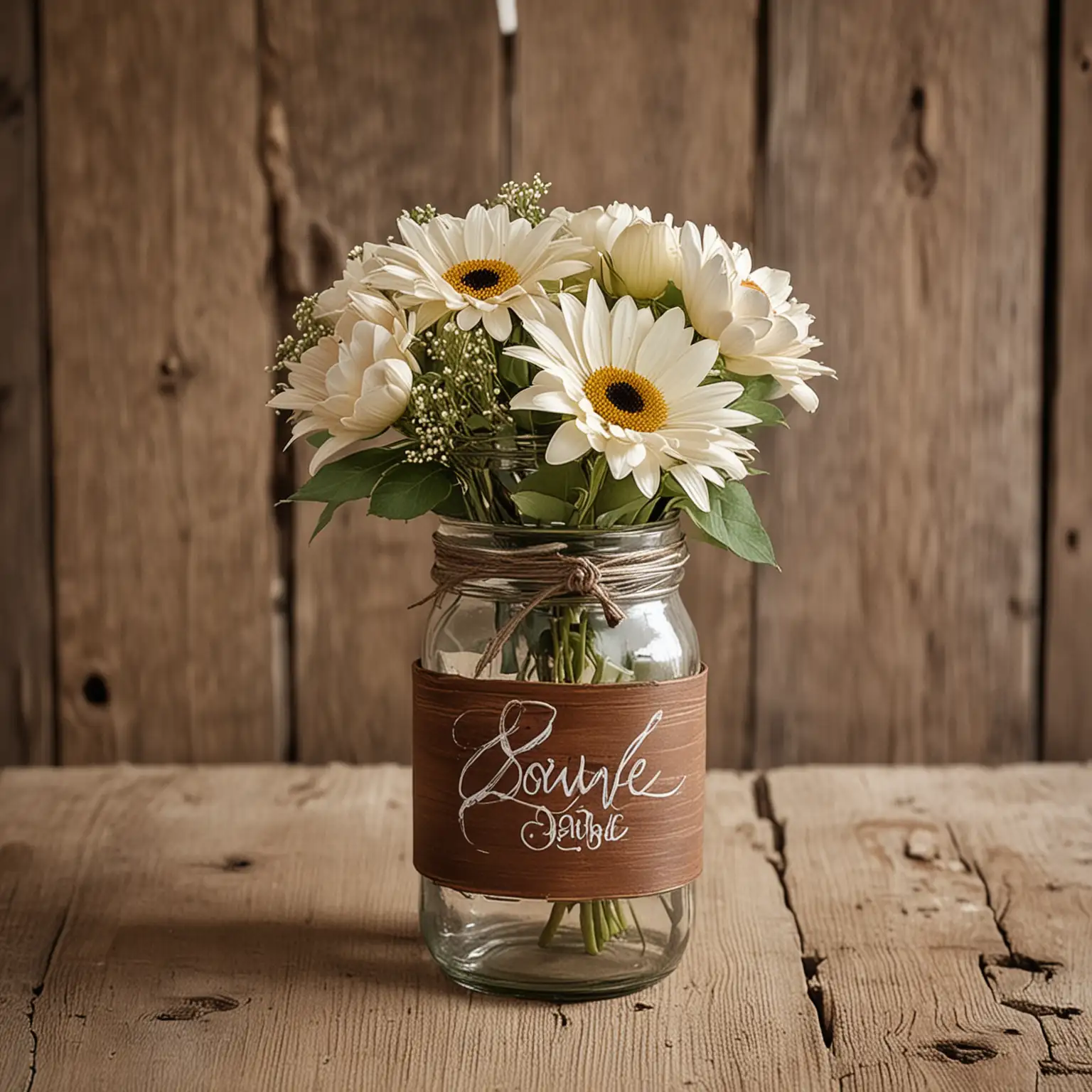 simple centerpiece for rustic wedding with jar hand painted distressed brown that is clear and plain without logos or text or writing; show on a neutral background; show on barn table