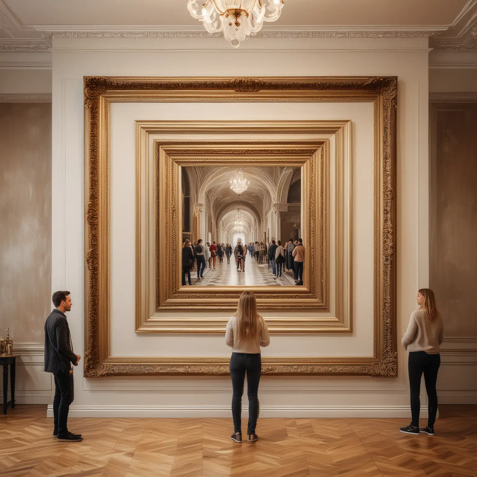 Luxurious Gallery with Central Square Painting and People