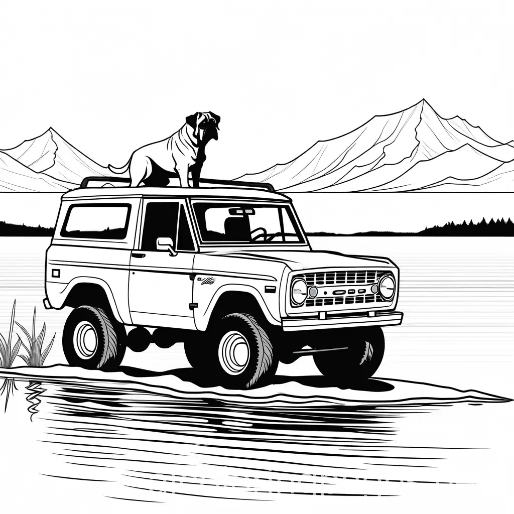 Bullmastiff-Riding-in-Ford-Bronco-by-the-Lake-Coloring-Page