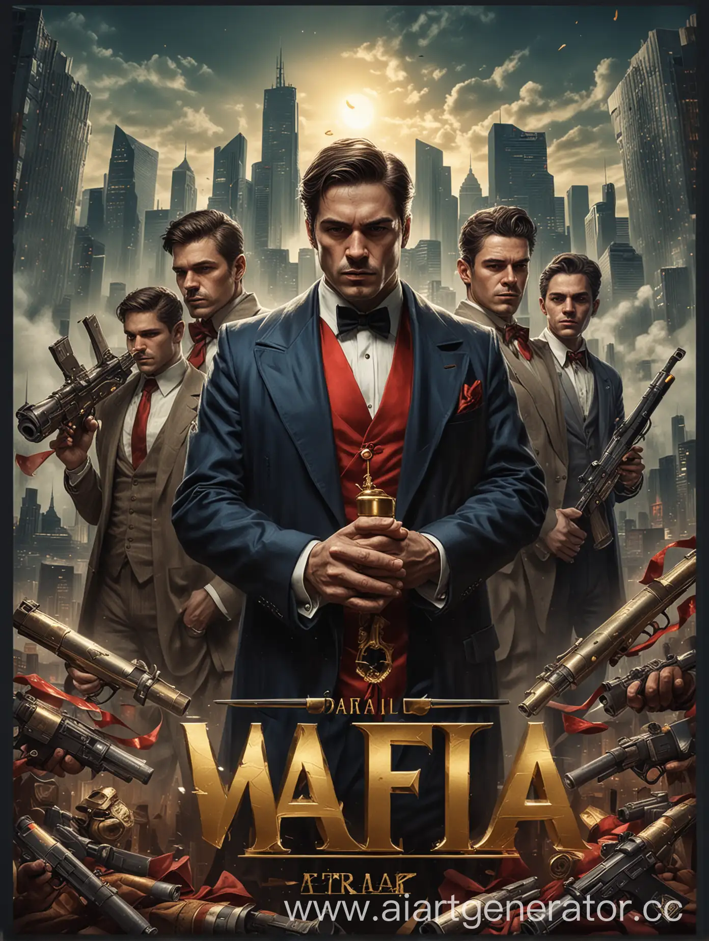 Modern-Cinematic-Poster-for-Mafia-Game-SRM-Golden-Chalice-and-Suited-Figures-with-Colt-Pistols